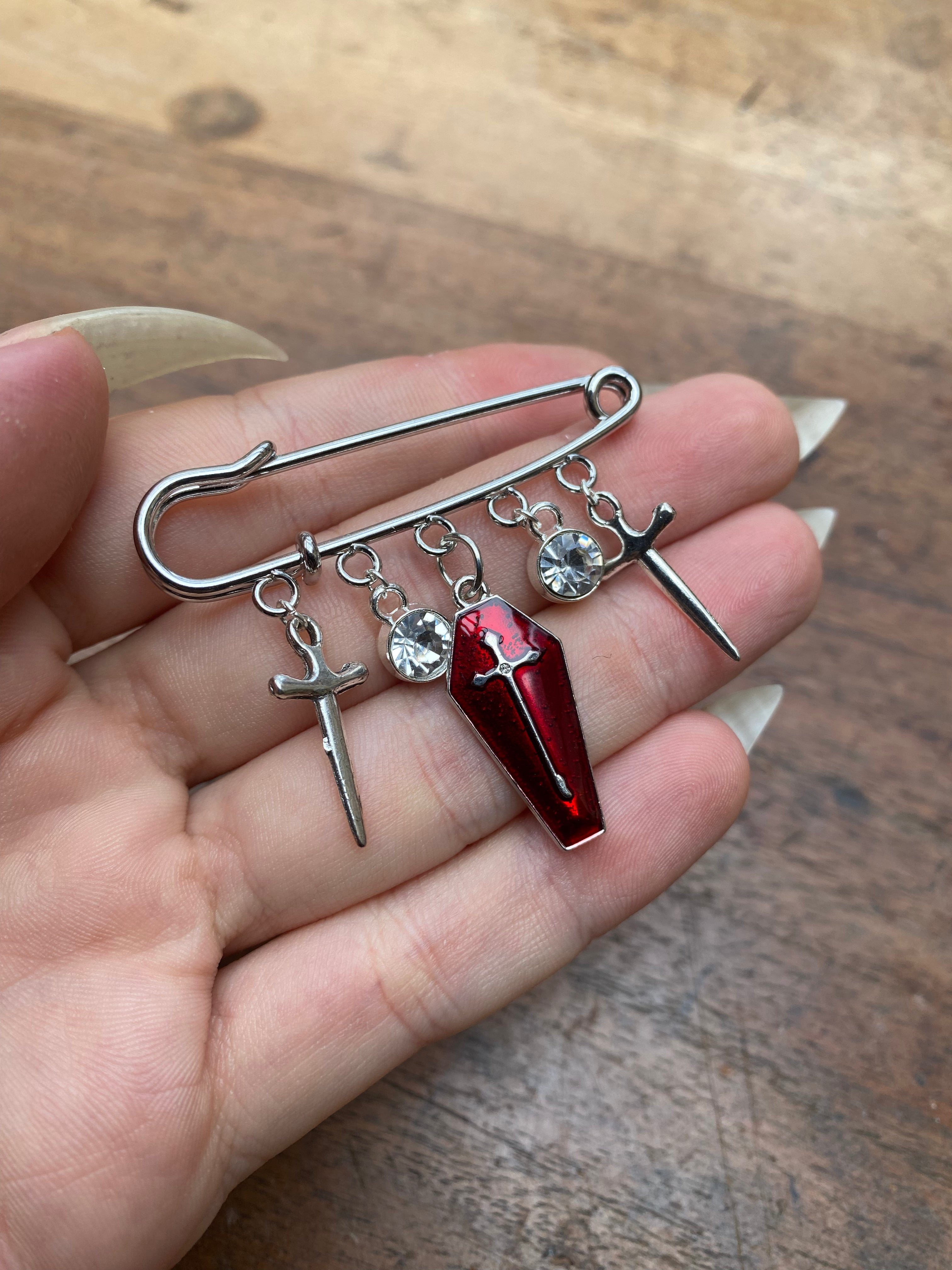 Red Coffin and Swords Safety Pin Brooch