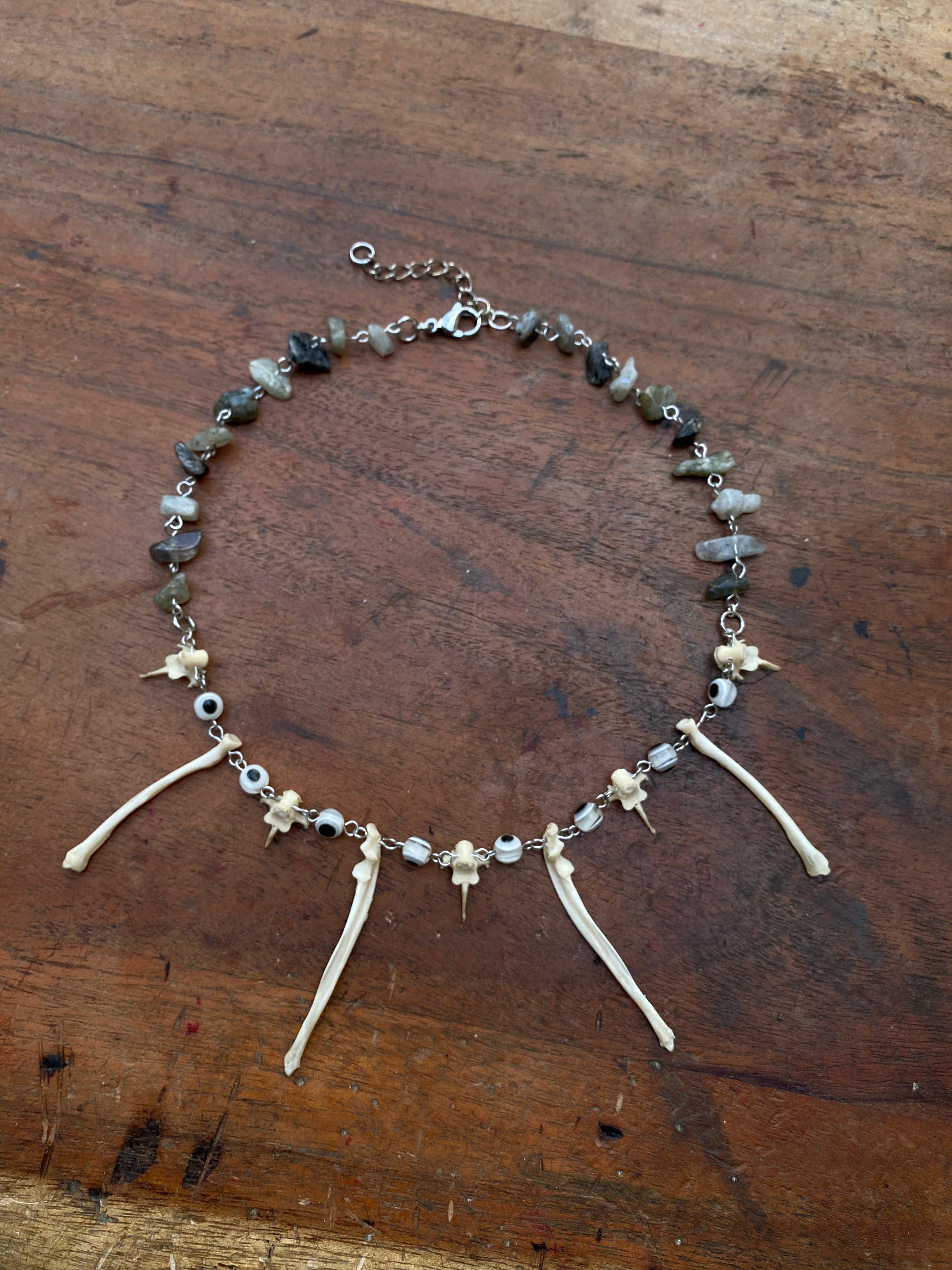 Small Squirrel Bones, Eye Beads and Moss Agate Necklace