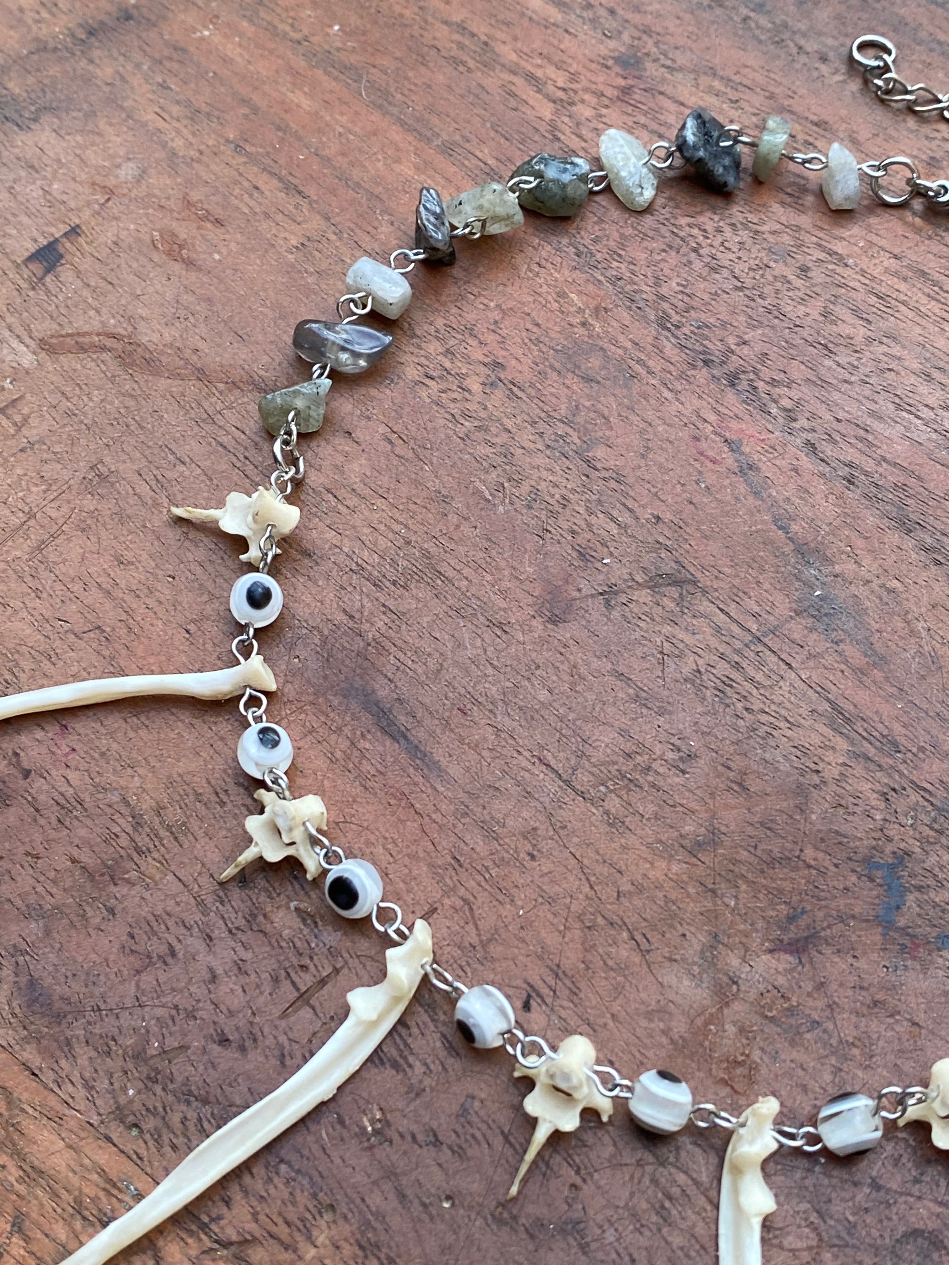 Small Squirrel Bones, Eye Beads and Moss Agate Necklace