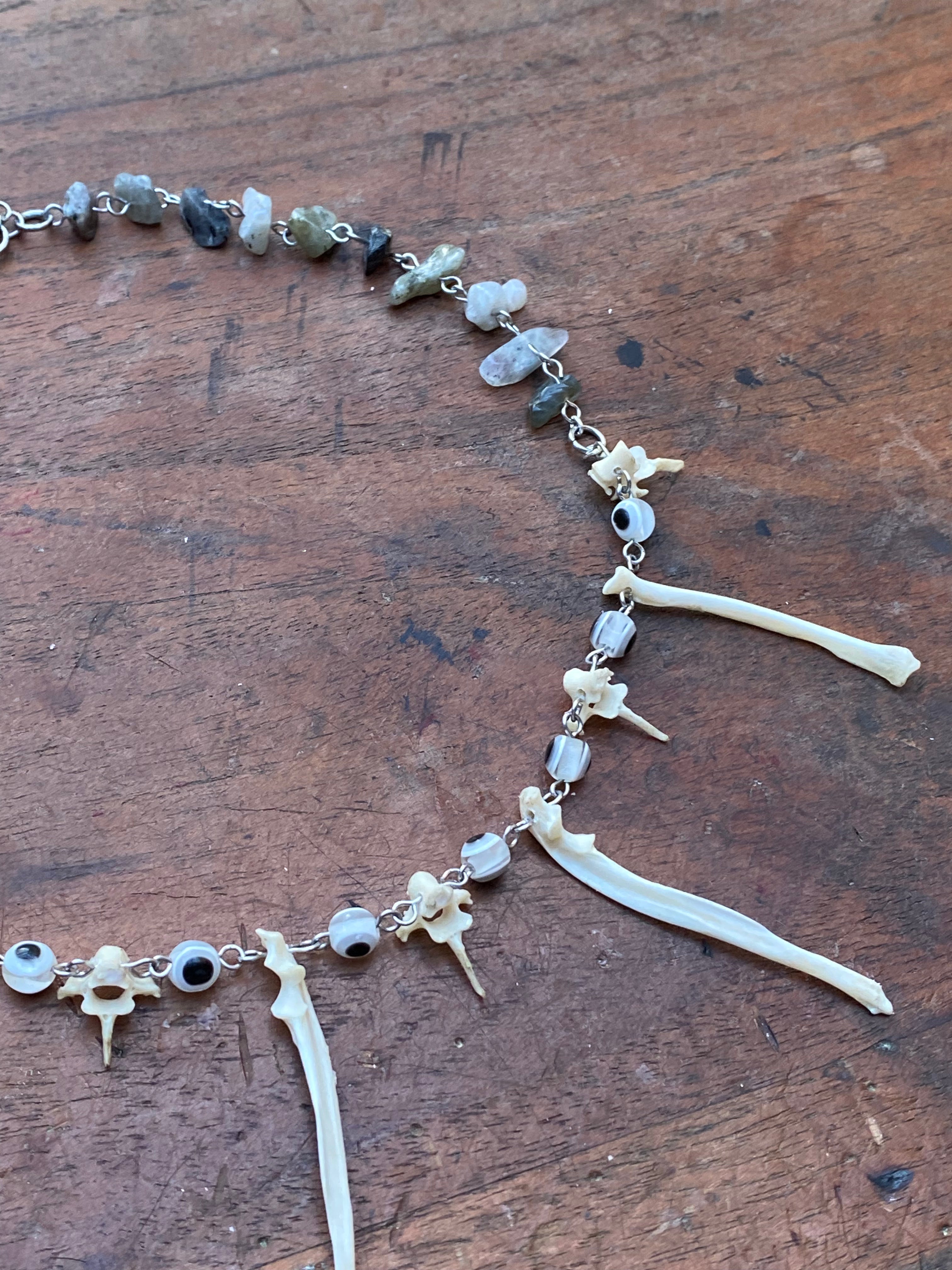 Small Squirrel Bones, Eye Beads and Moss Agate Necklace