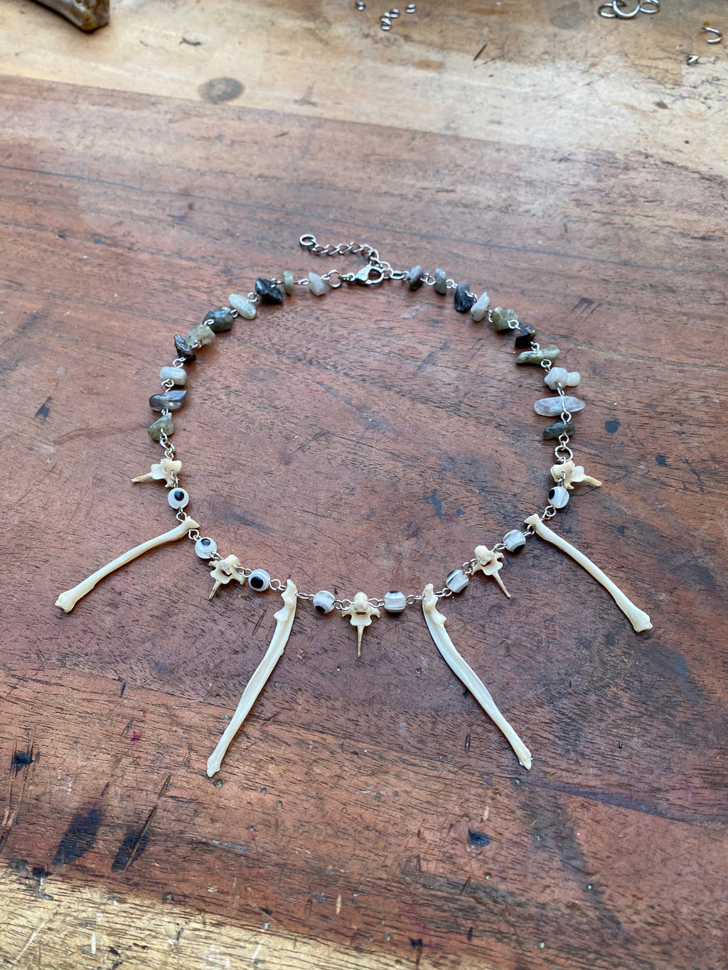 Small Squirrel Bones, Eye Beads and Moss Agate Necklace