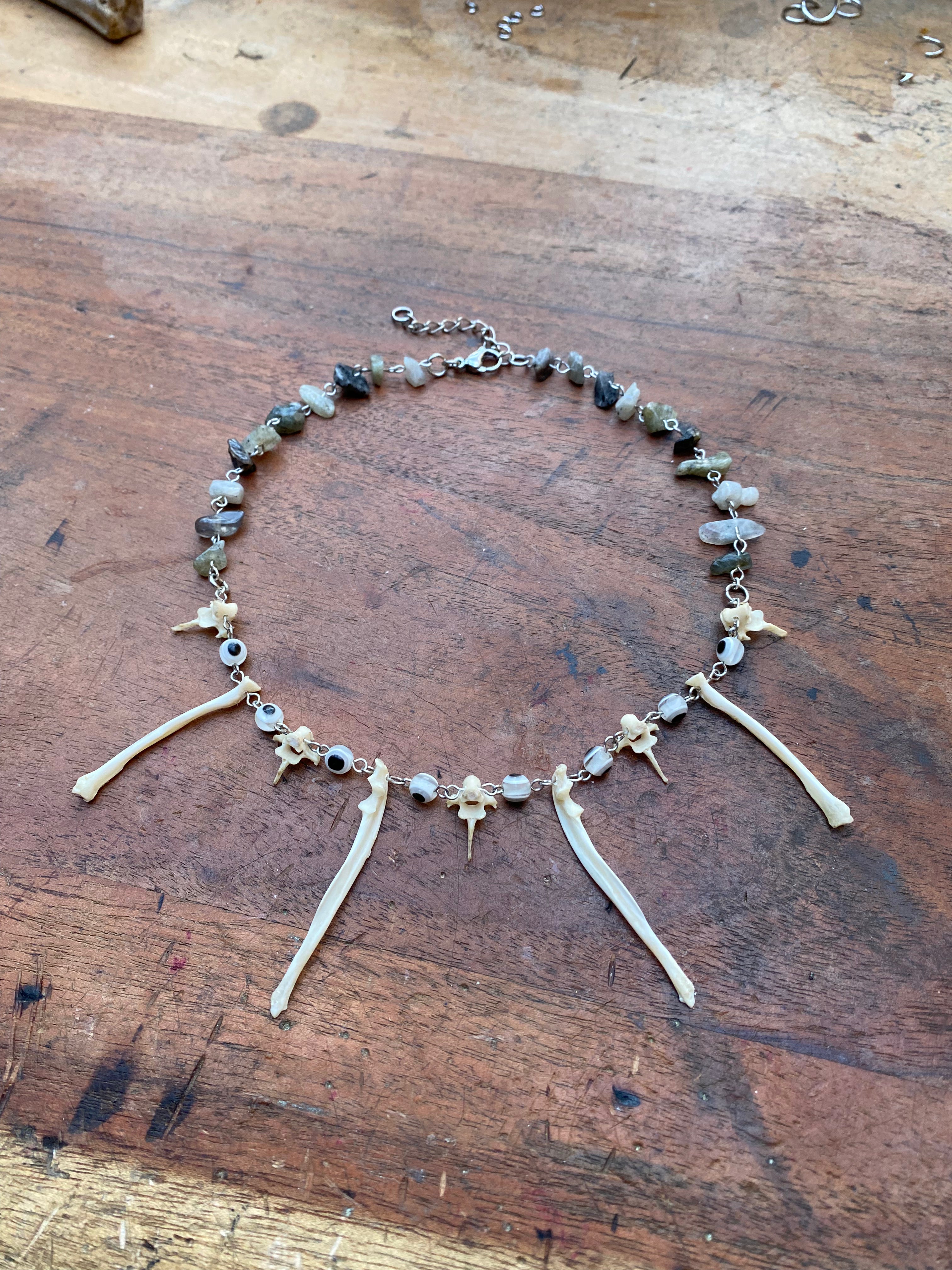 Small Squirrel Bones, Eye Beads and Moss Agate Necklace