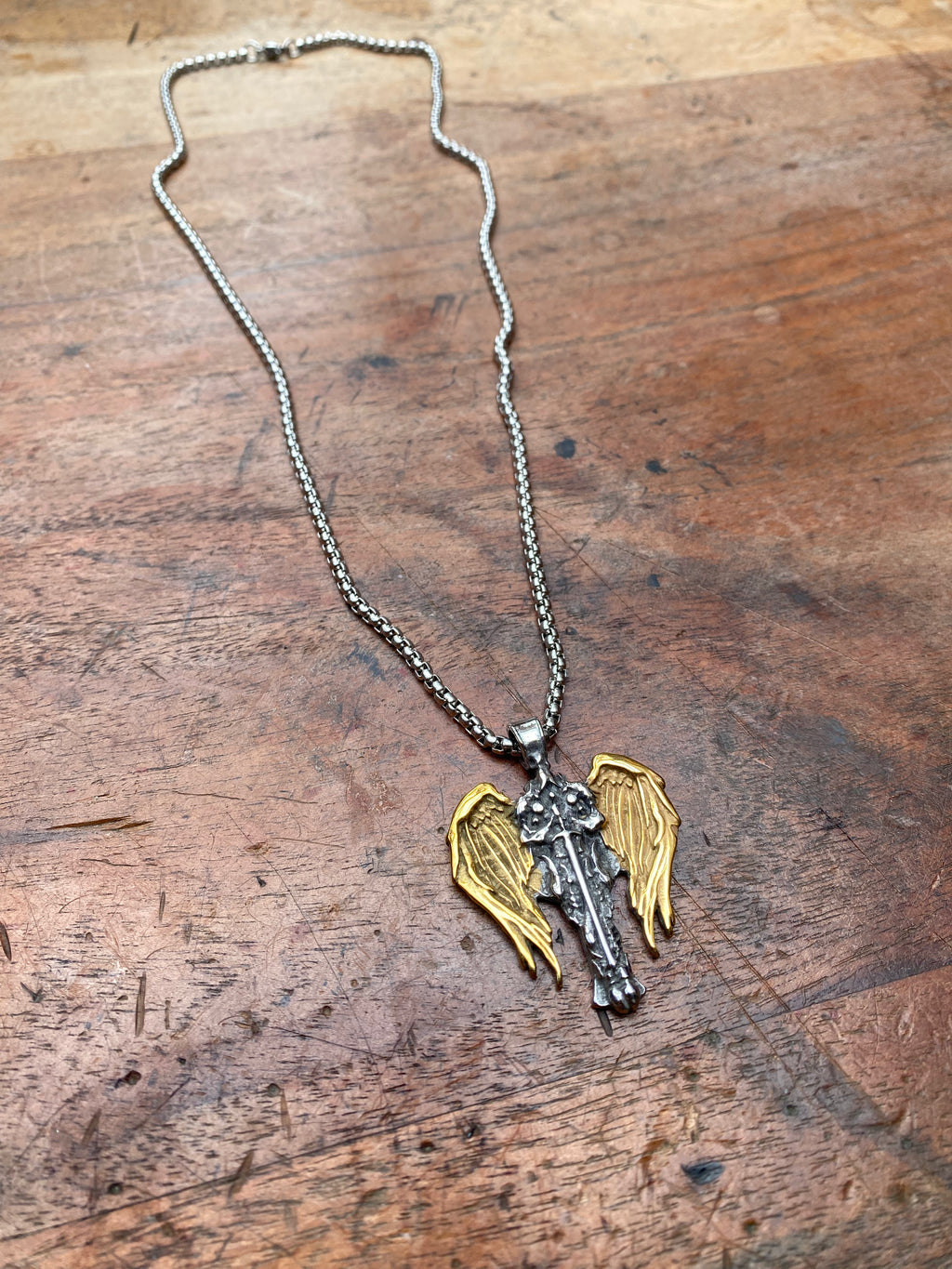 Gold and Silver Steel Knight Pendant Necklace