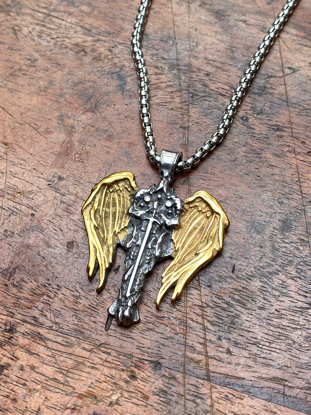 Gold and Silver Steel Knight Pendant Necklace