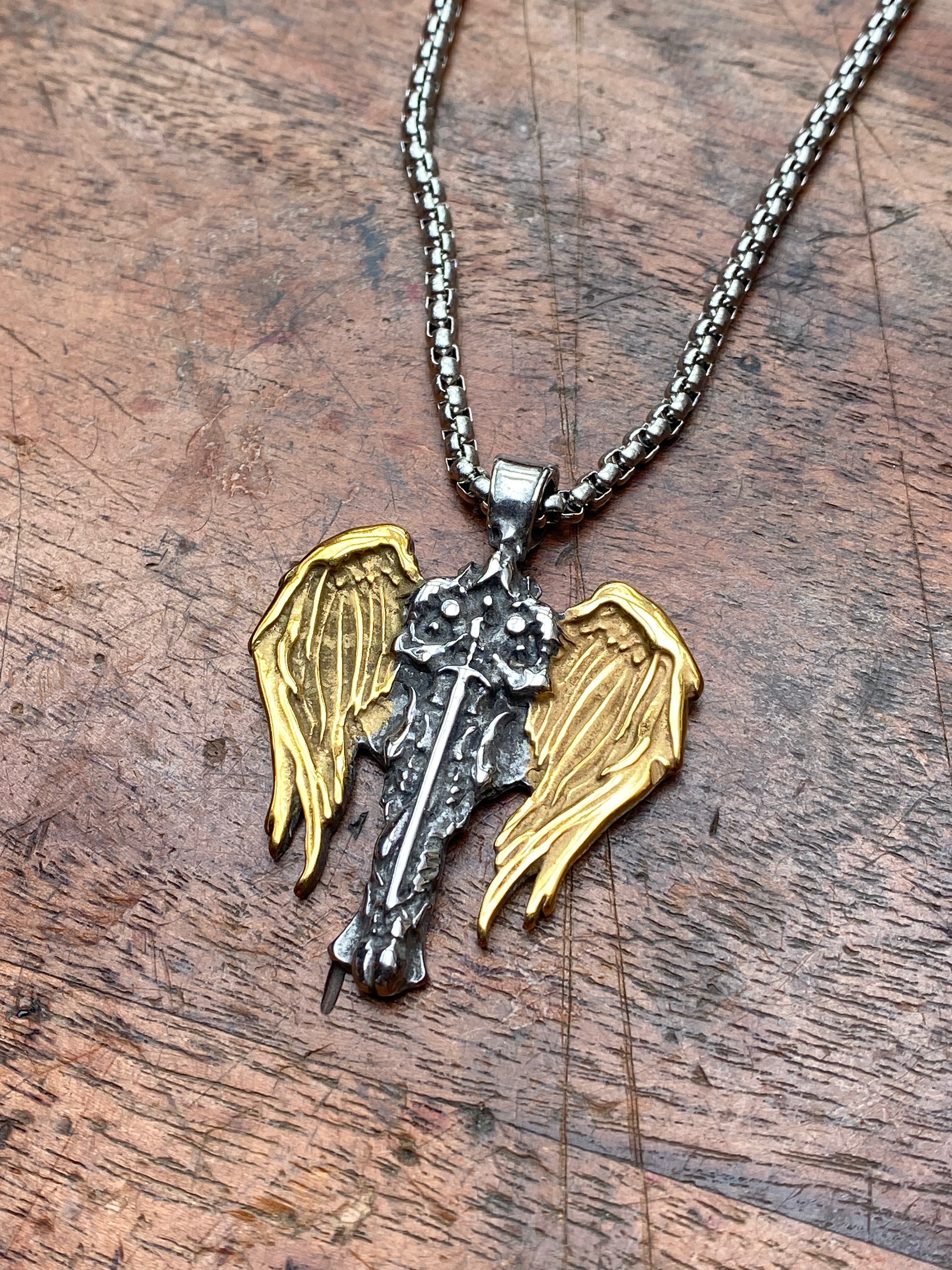Gold and Silver Steel Knight Pendant Necklace