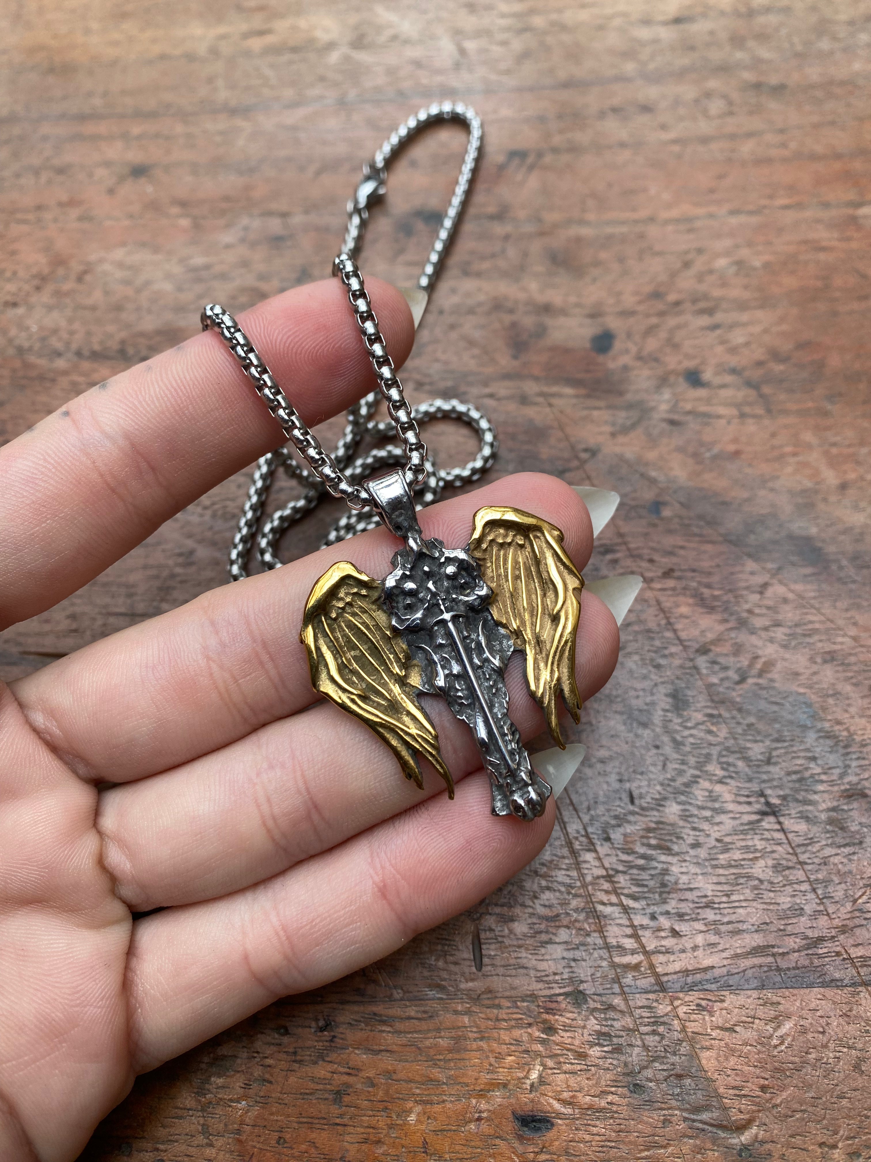 Gold and Silver Steel Knight Pendant Necklace
