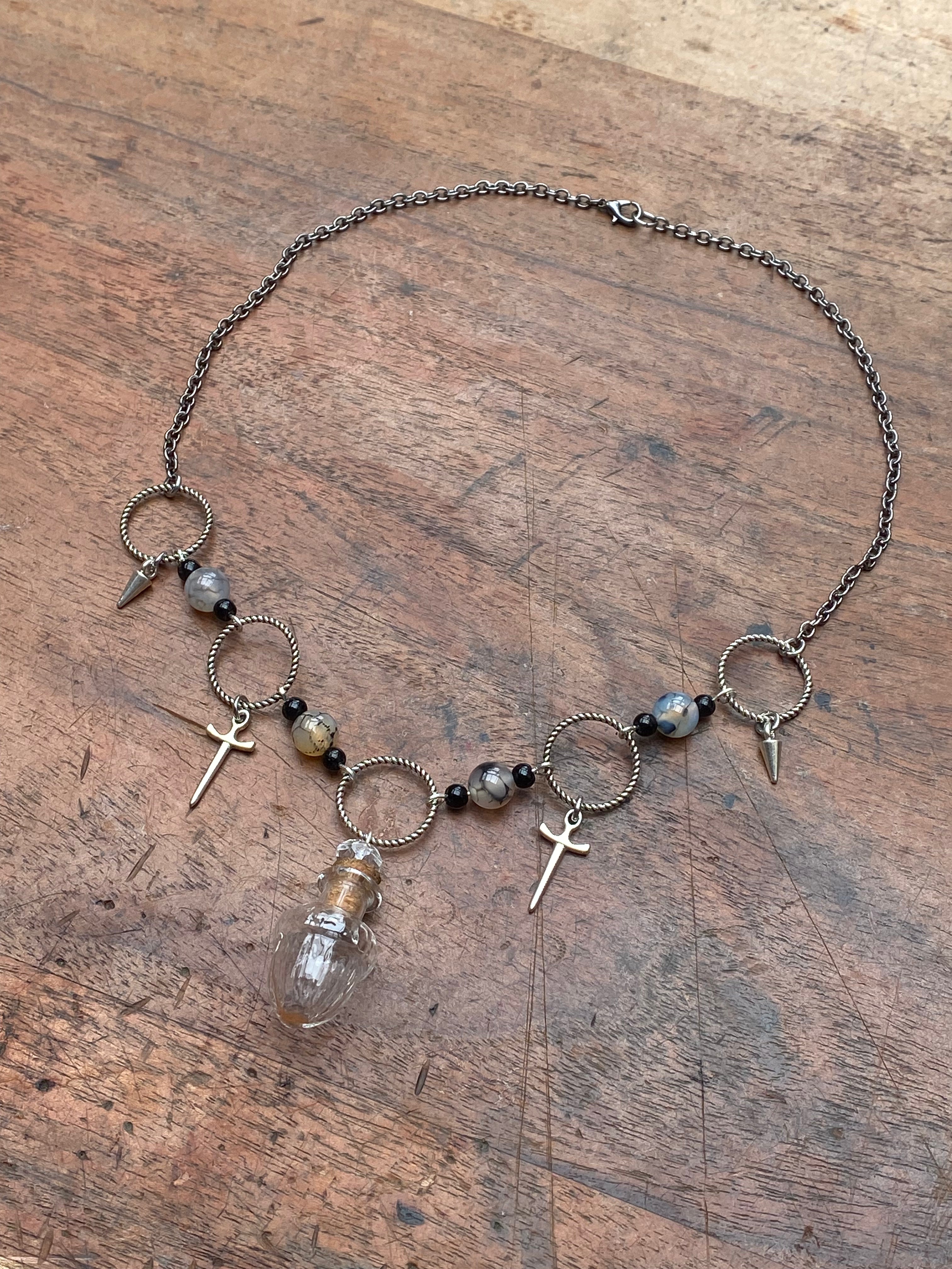 Glass Acorn Vial and Dragon Vein Agate Necklace
