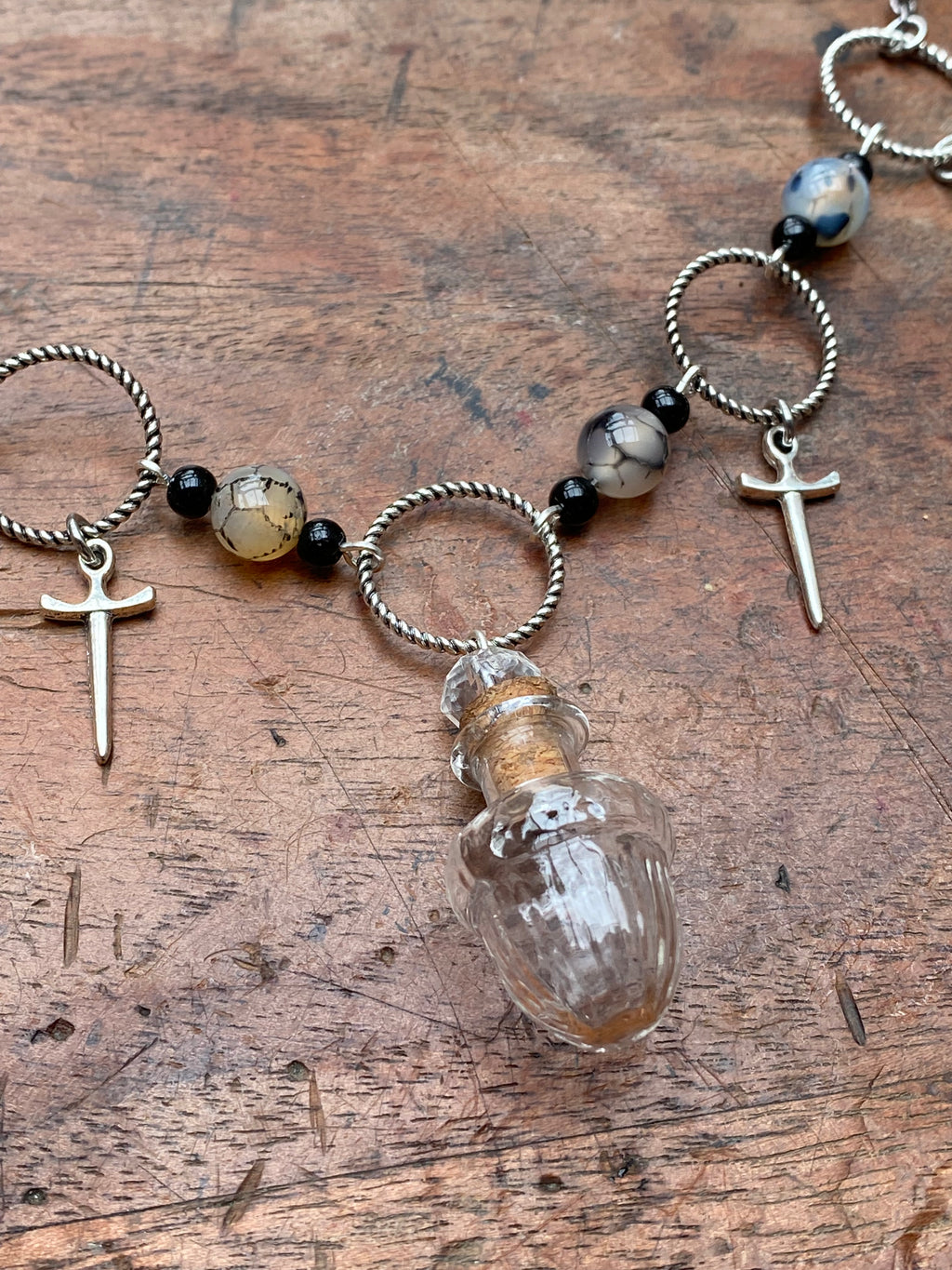Glass Acorn Vial and Dragon Vein Agate Necklace