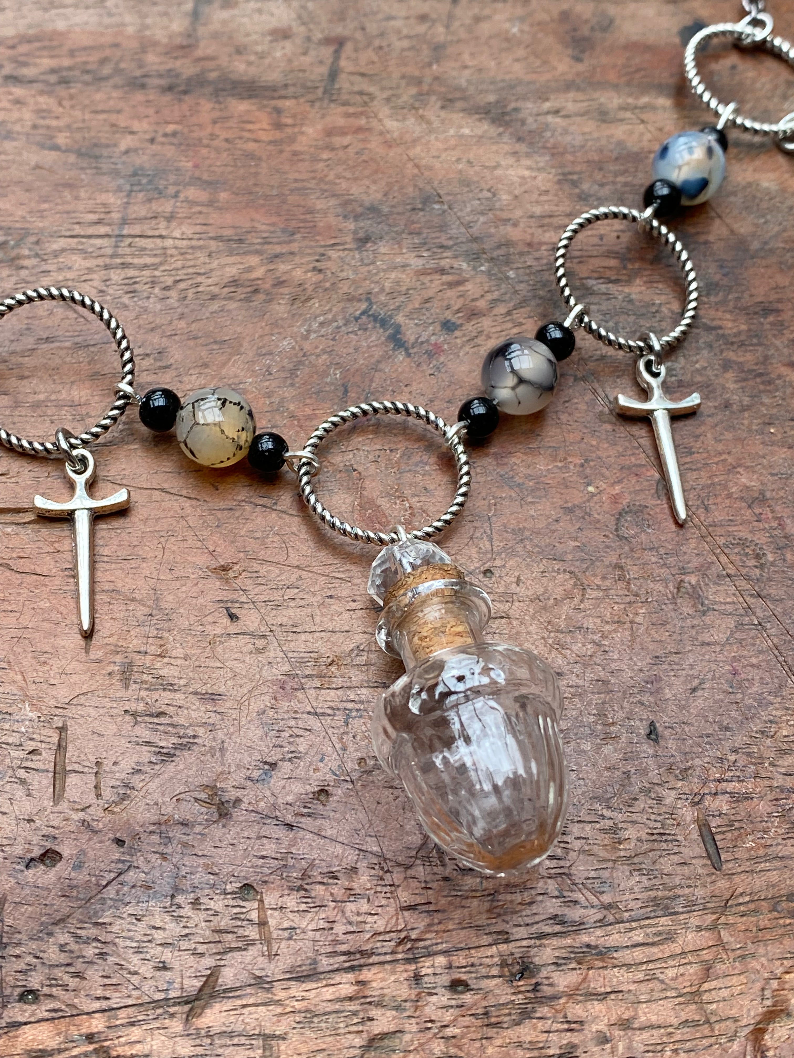 Glass Acorn Vial and Dragon Vein Agate Necklace