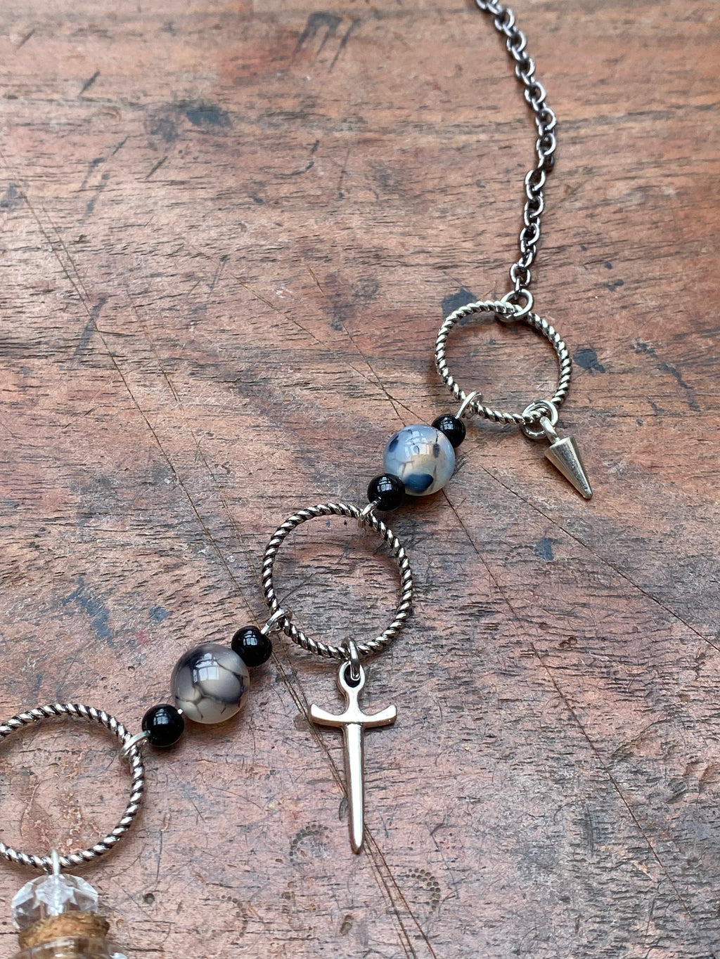 Glass Acorn Vial and Dragon Vein Agate Necklace