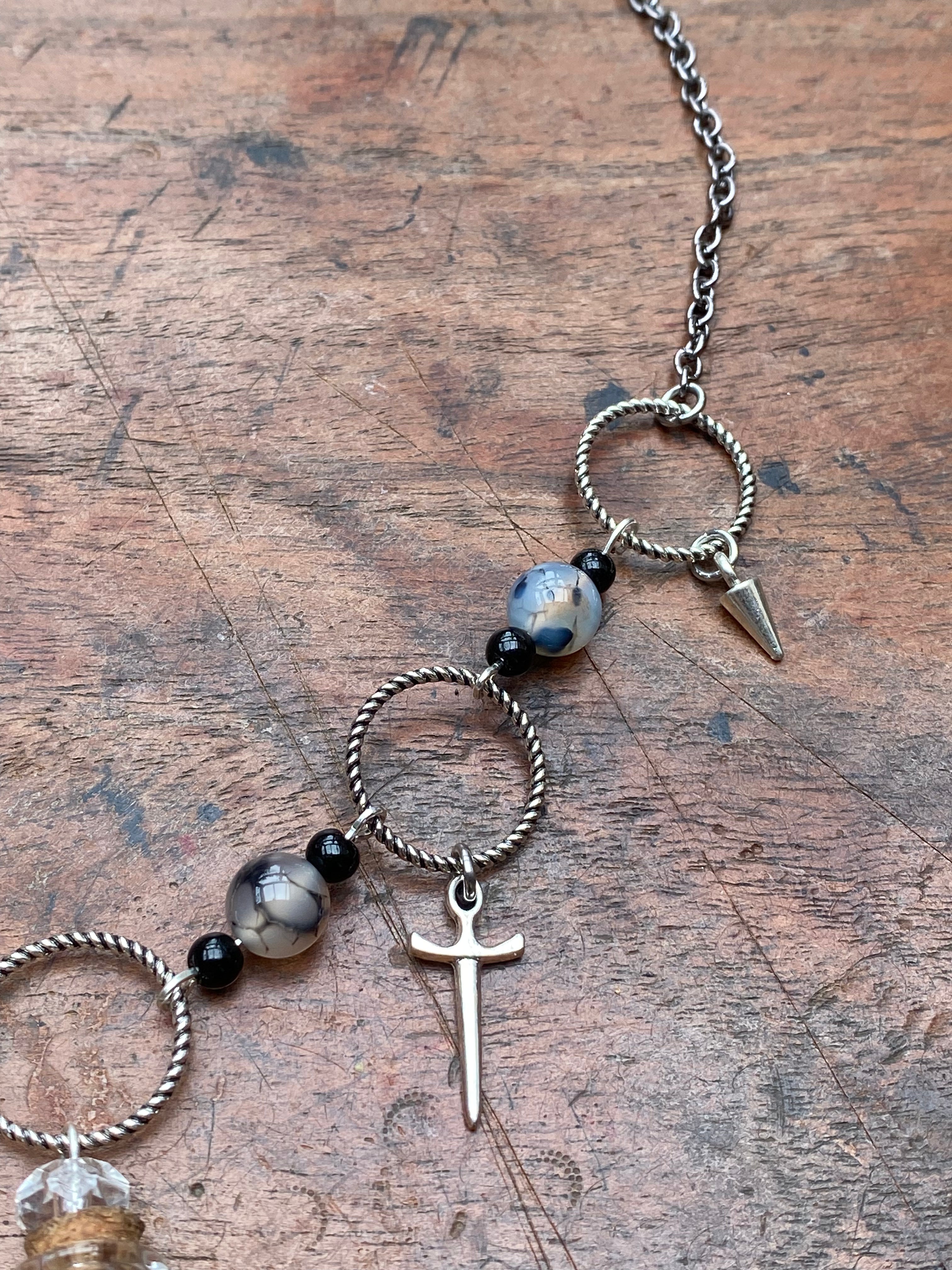 Glass Acorn Vial and Dragon Vein Agate Necklace