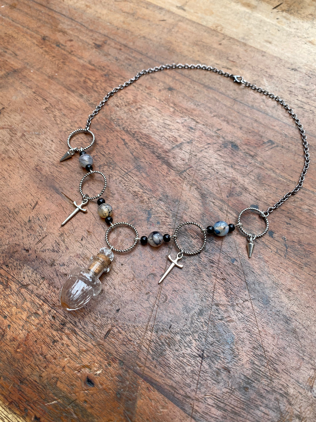 Glass Acorn Vial and Dragon Vein Agate Necklace