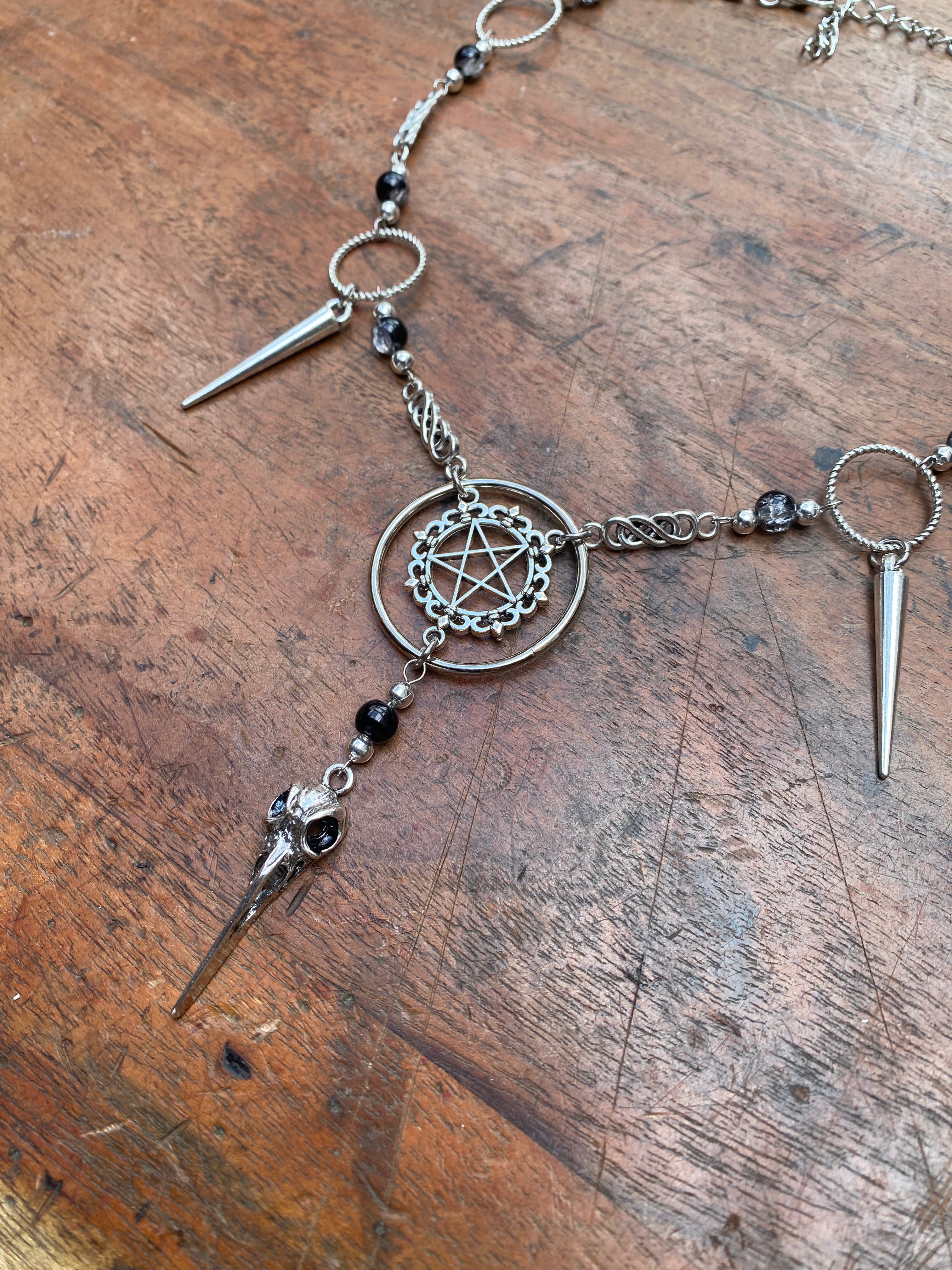 Bird Skull, Inverted Pentagram and Cracked Glass Necklace
