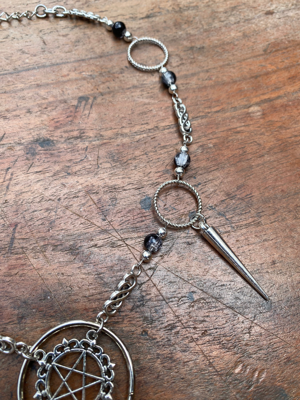 Bird Skull, Inverted Pentagram and Cracked Glass Necklace