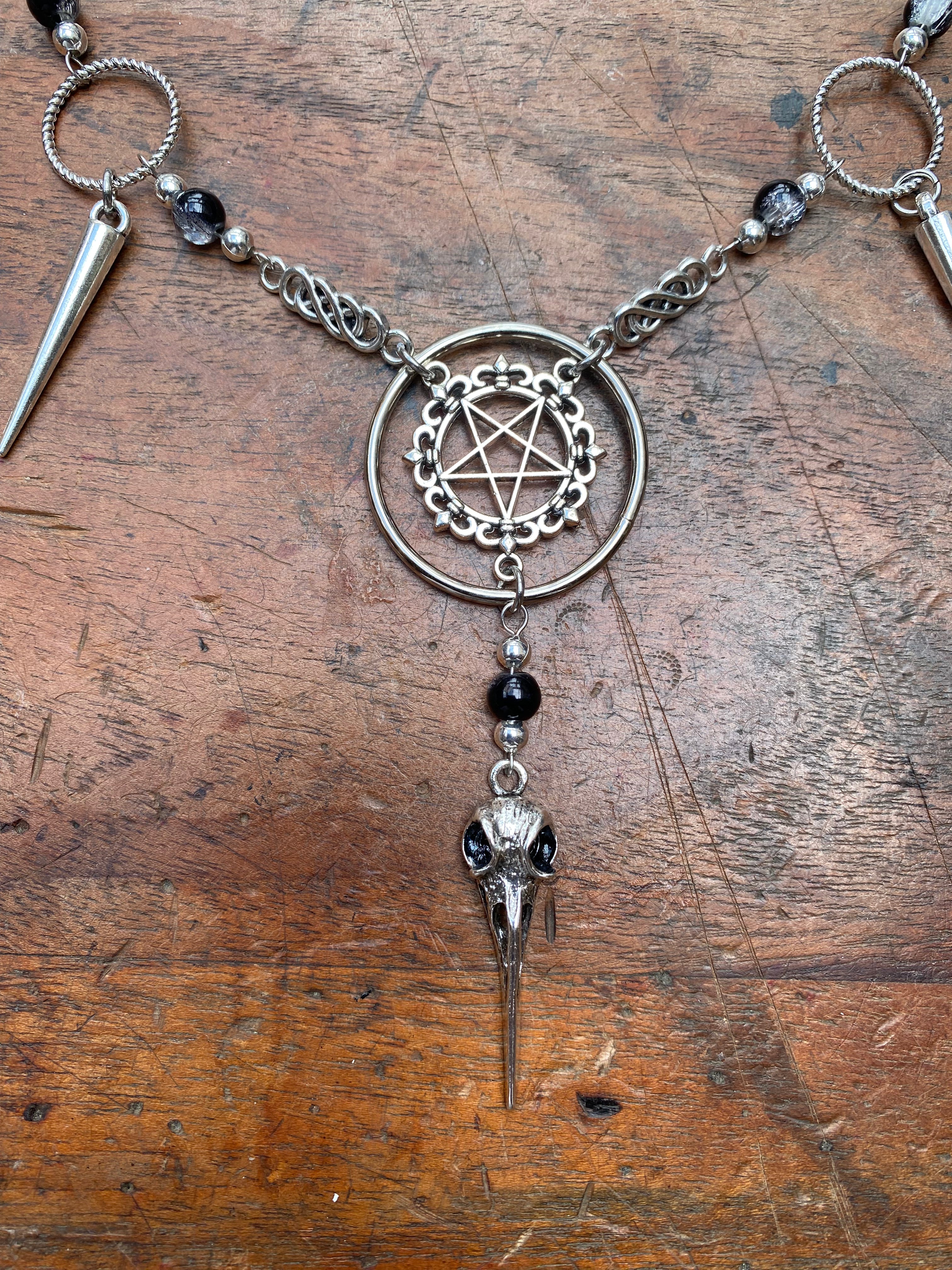 Bird Skull, Inverted Pentagram and Cracked Glass Necklace