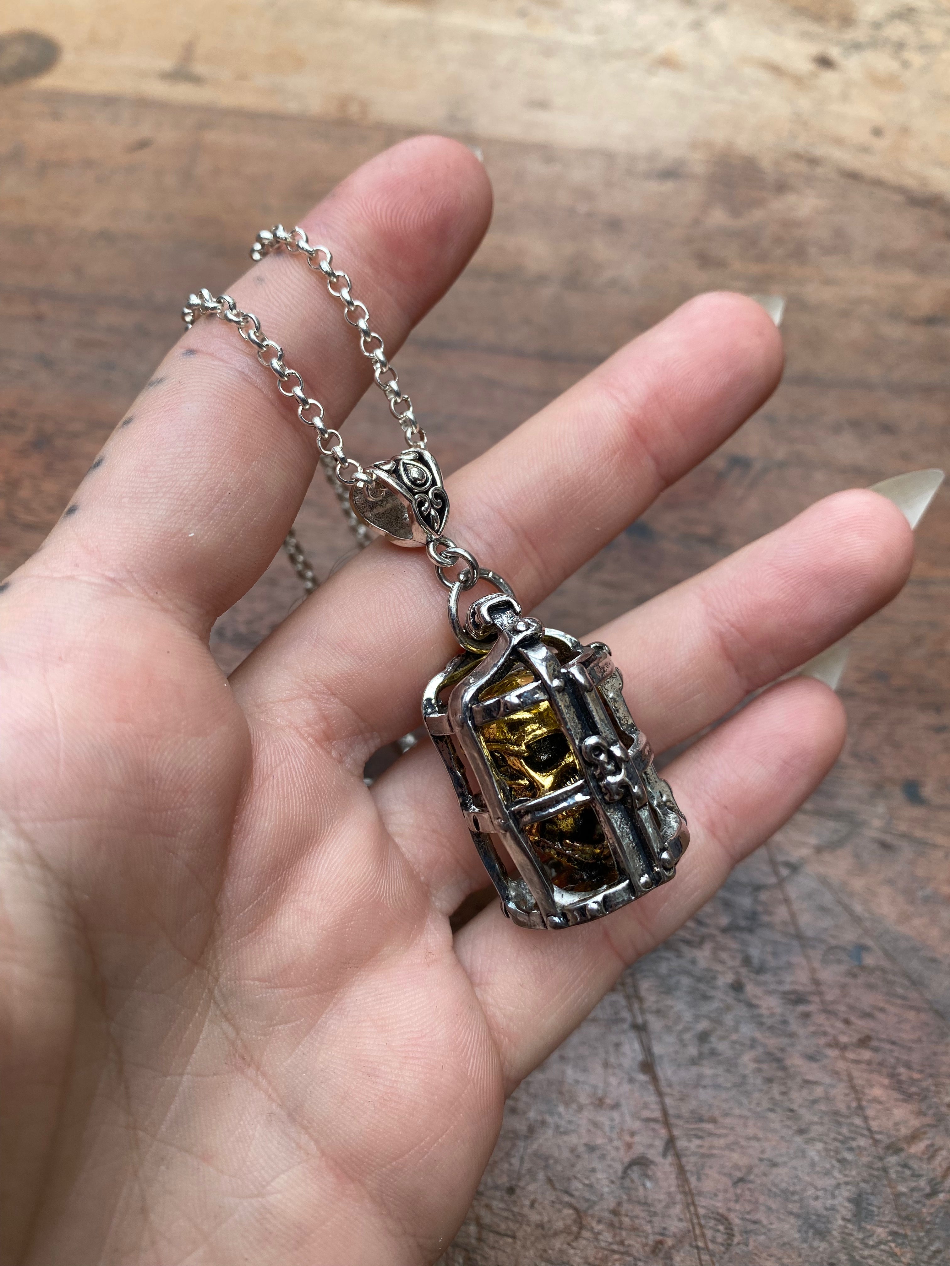 Gold Skull in Silver Cage Pendant Necklace