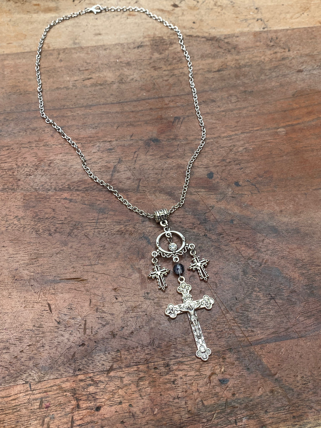 Large Cross and Gemstone Pendant Necklace