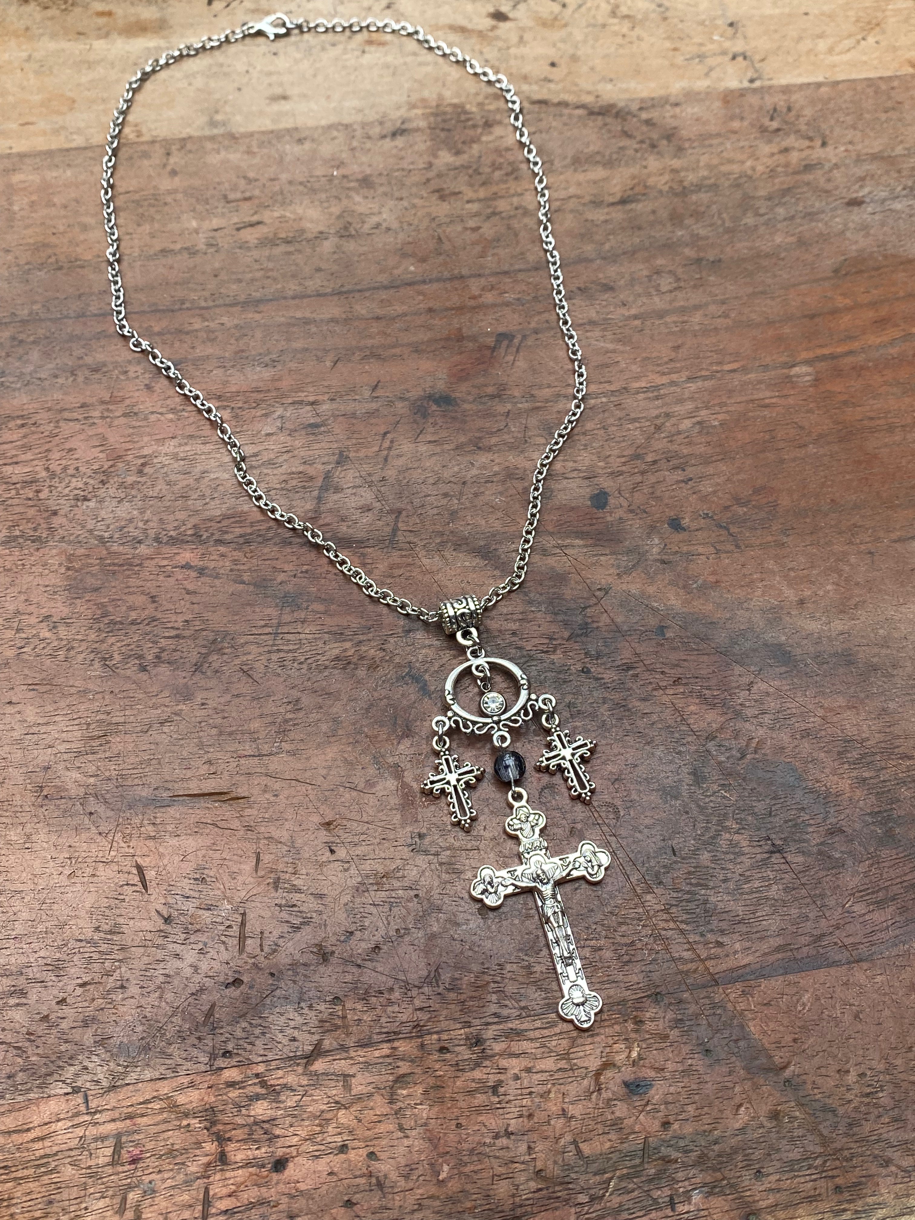 Large Cross and Gemstone Pendant Necklace