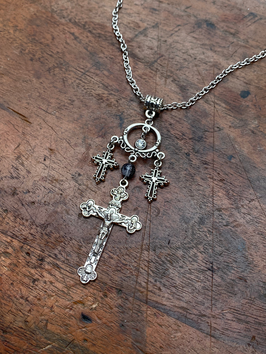 Large Cross and Gemstone Pendant Necklace