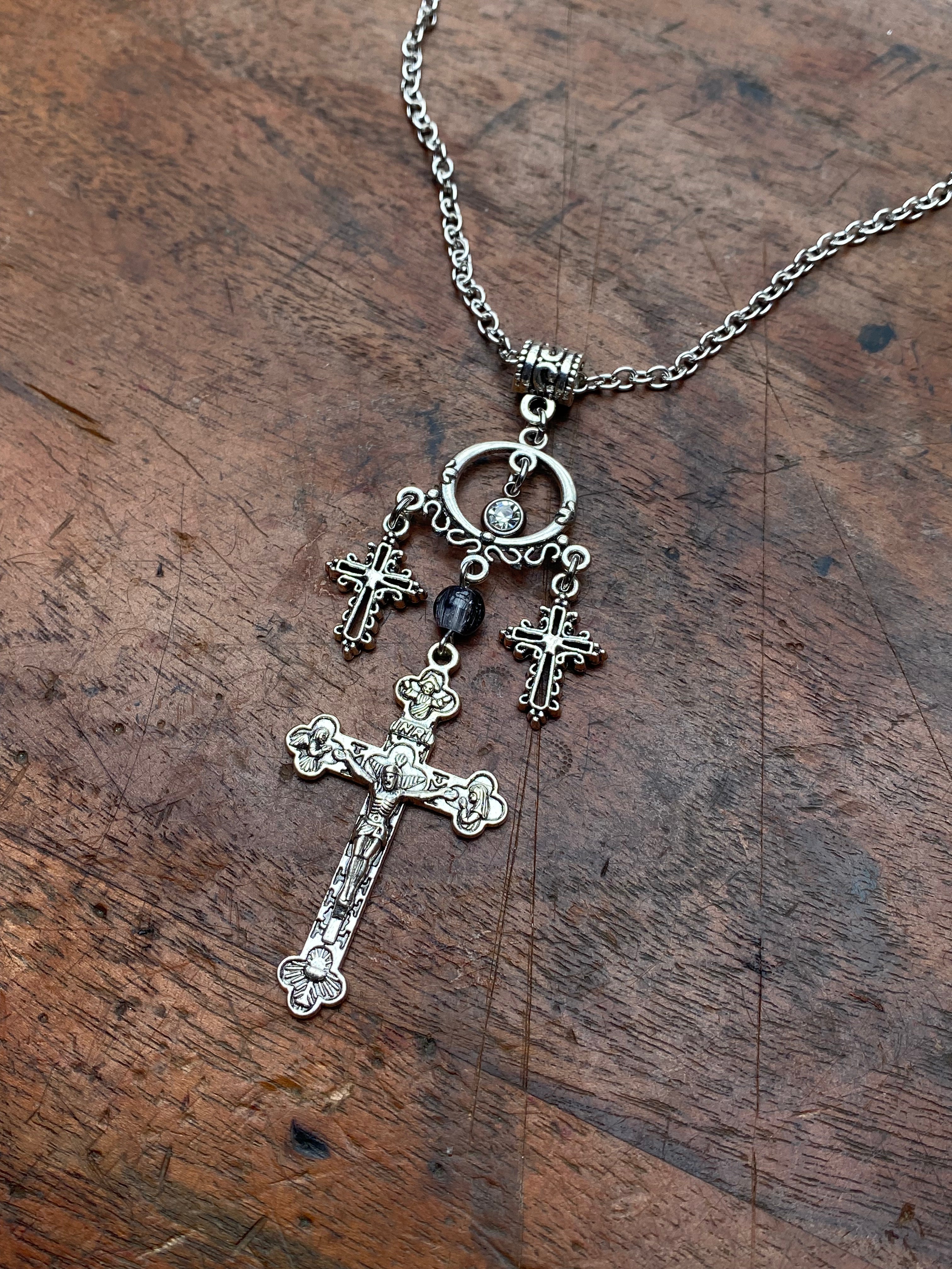 Large Cross and Gemstone Pendant Necklace