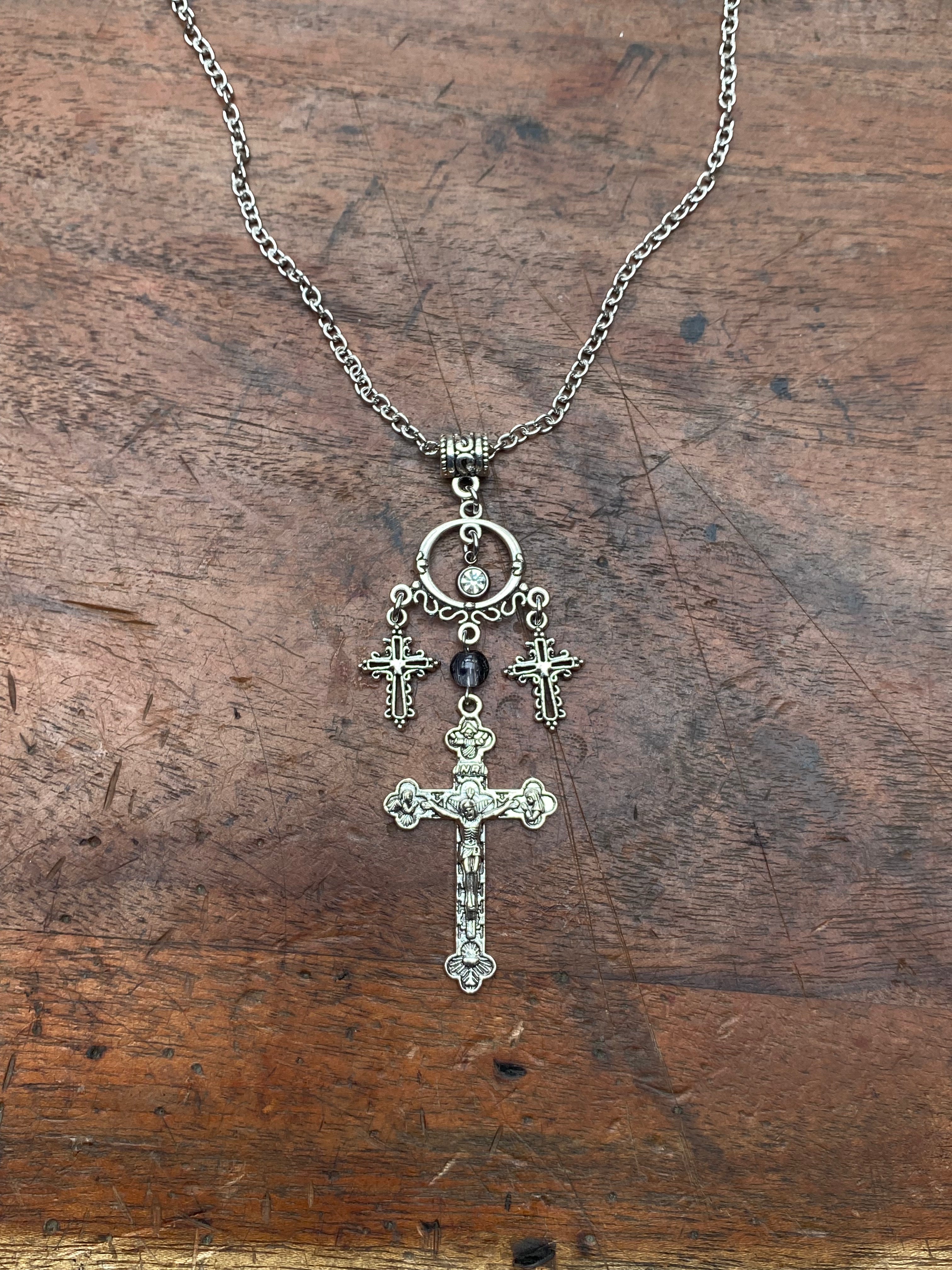 Large Cross and Gemstone Pendant Necklace