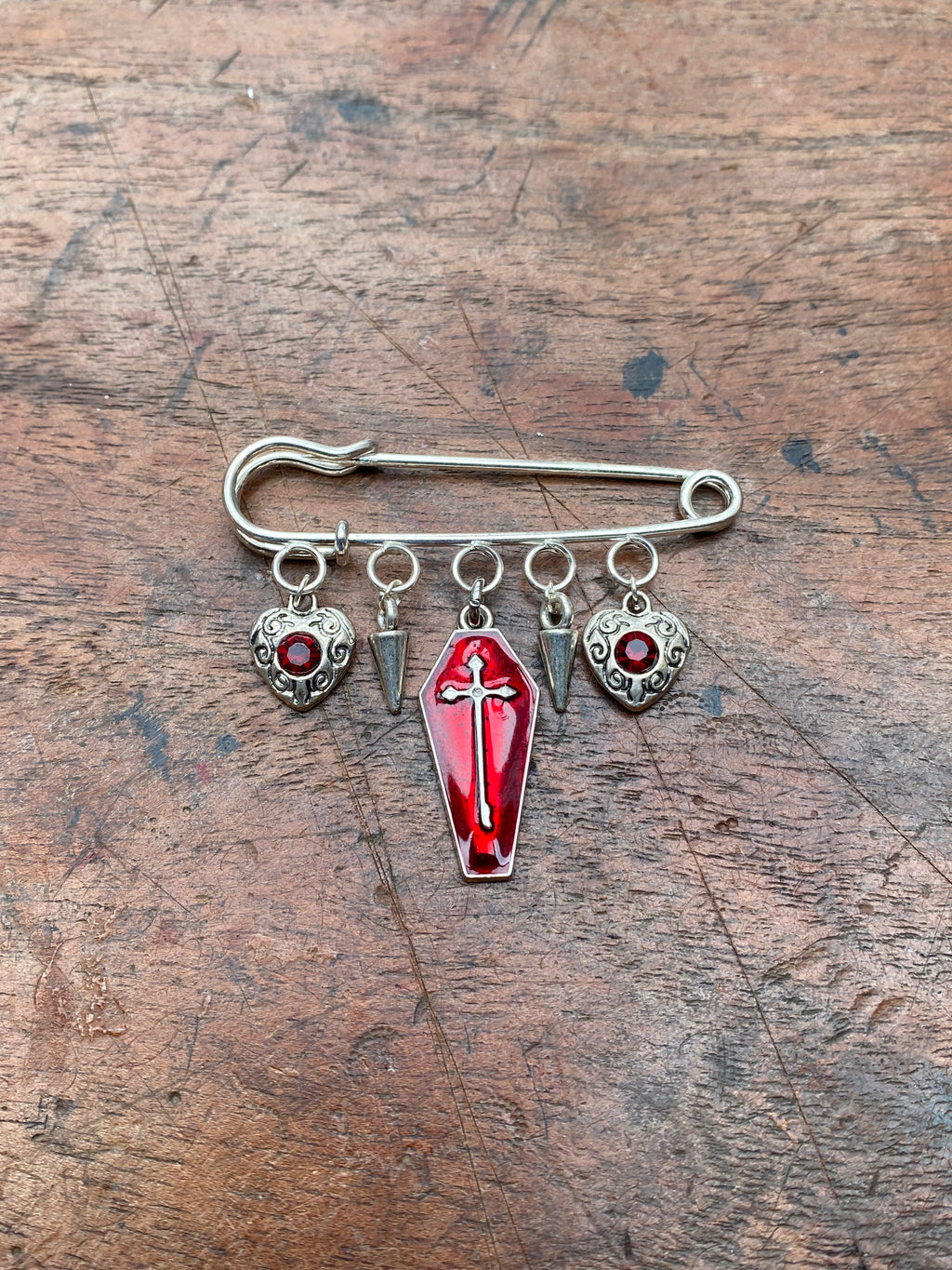Coffin Charm and Red Gemstone Safety Pin Brooch