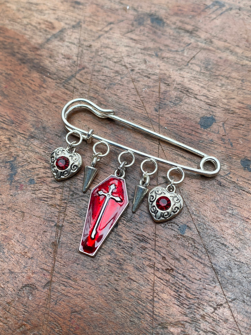 Coffin Charm and Red Gemstone Safety Pin Brooch