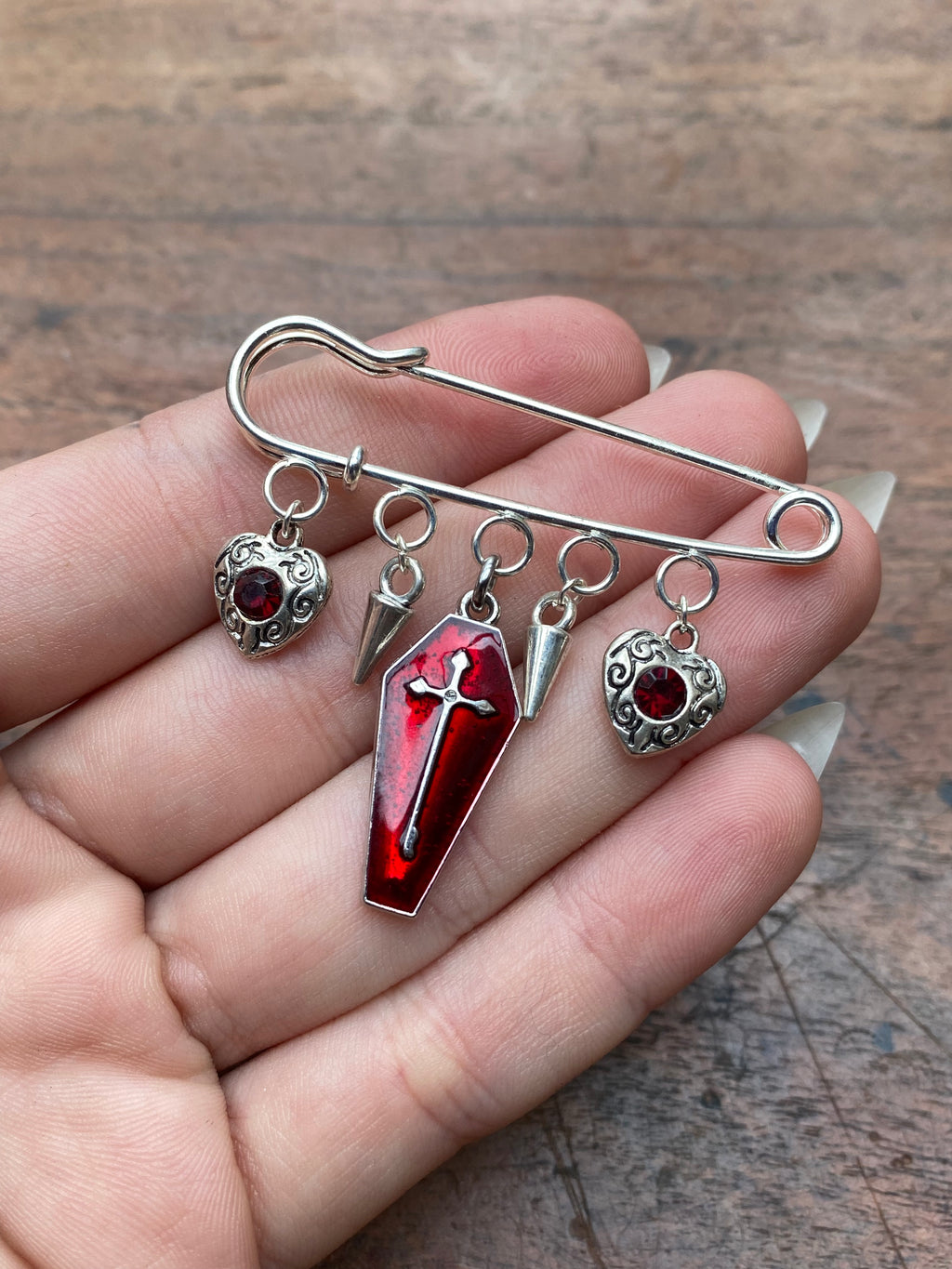 Coffin Charm and Red Gemstone Safety Pin Brooch