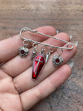 Coffin Charm and Red Gemstone Safety Pin Brooch
