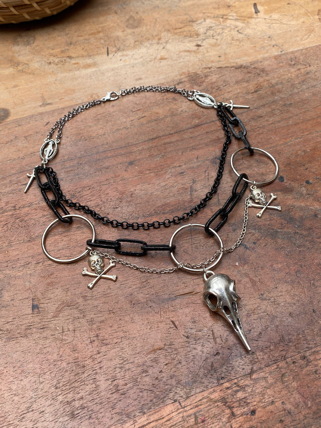 Large Bird Skull Black and Silver Chain Necklace