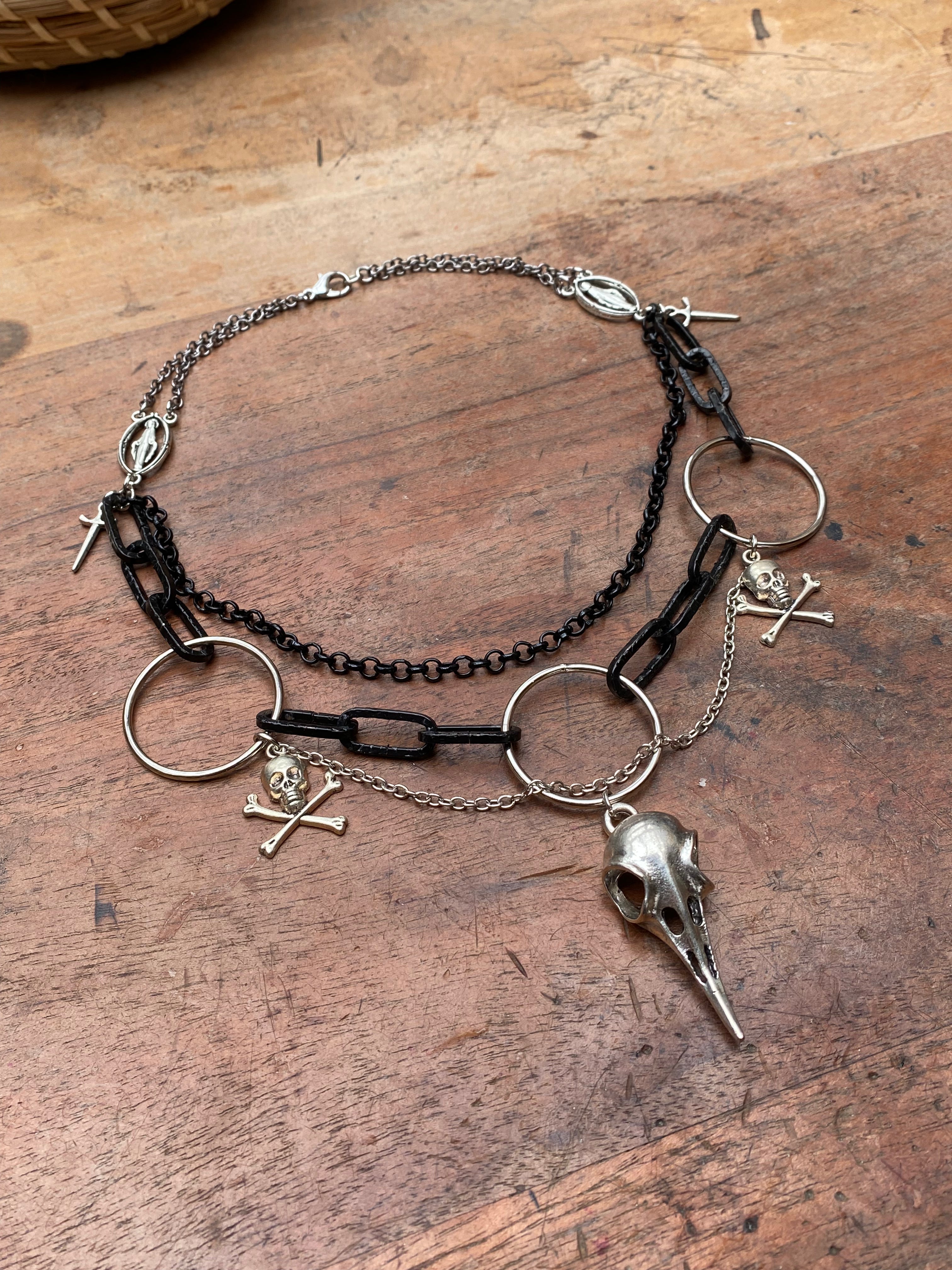 Large Bird Skull Black and Silver Chain Necklace
