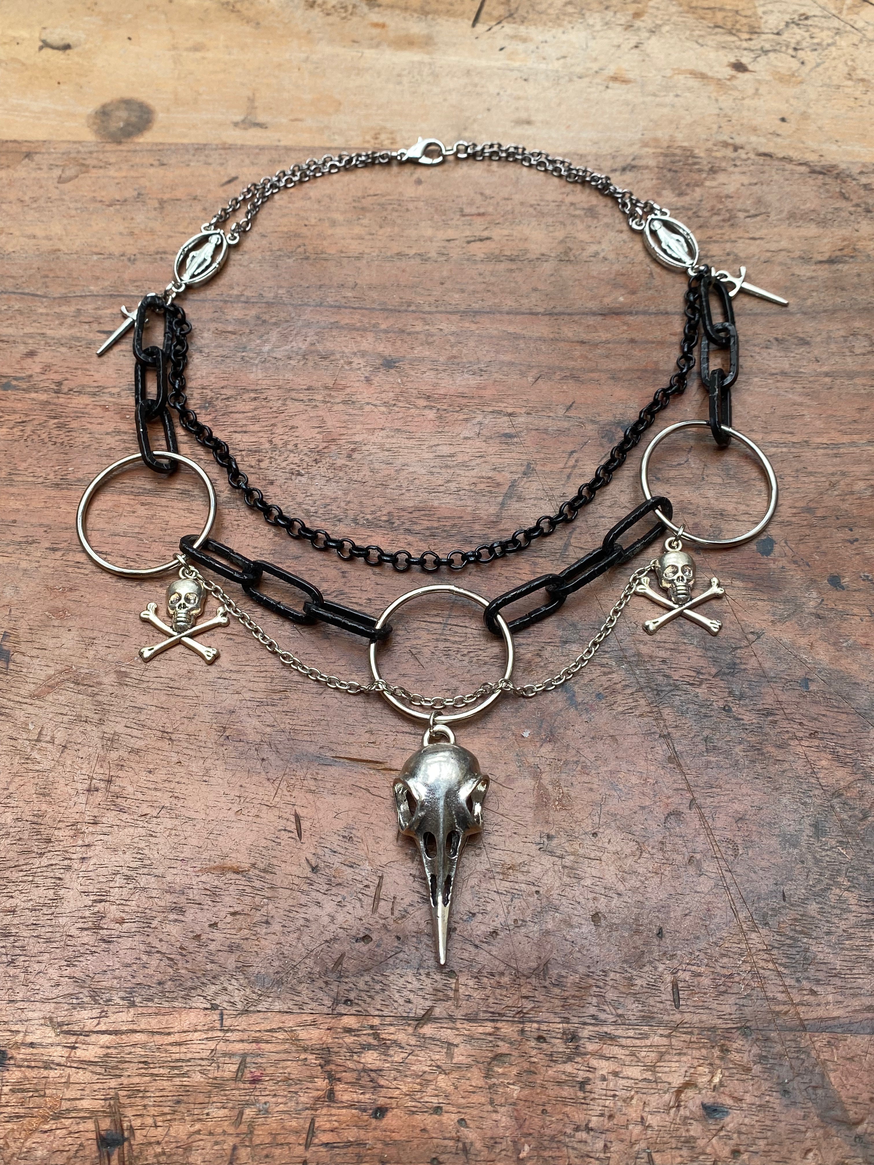Large Bird Skull Black and Silver Chain Necklace