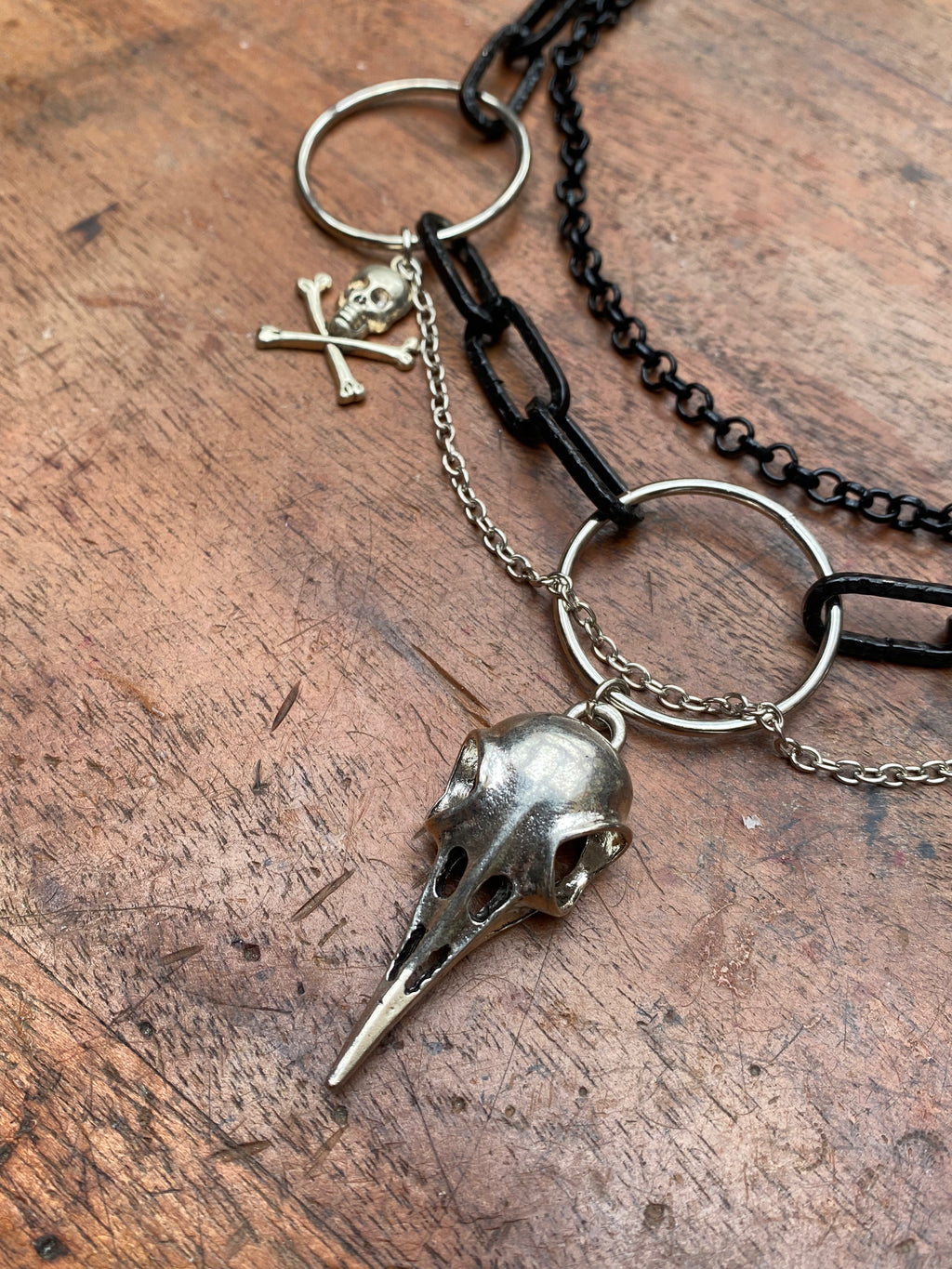 Large Bird Skull Black and Silver Chain Necklace