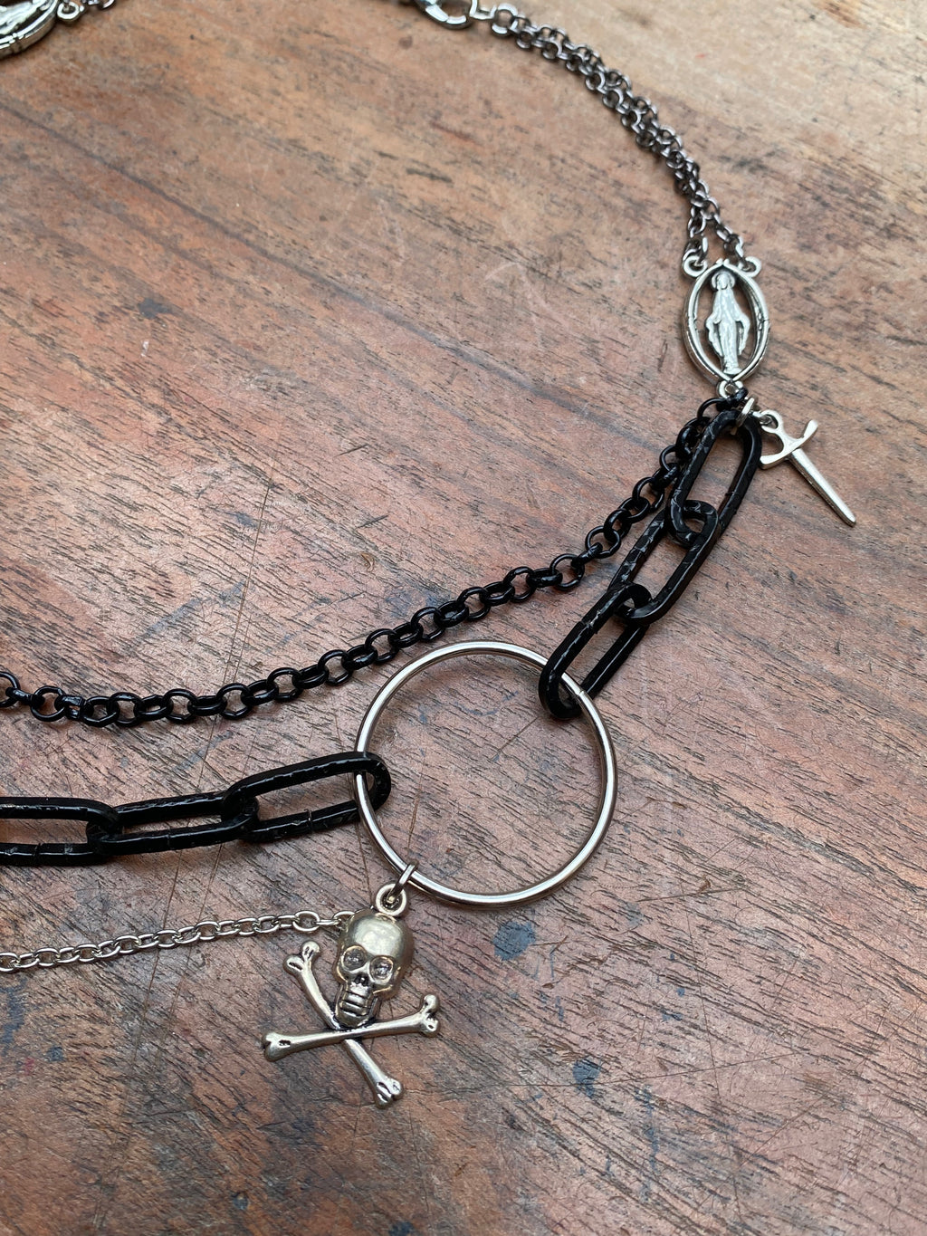 Large Bird Skull Black and Silver Chain Necklace