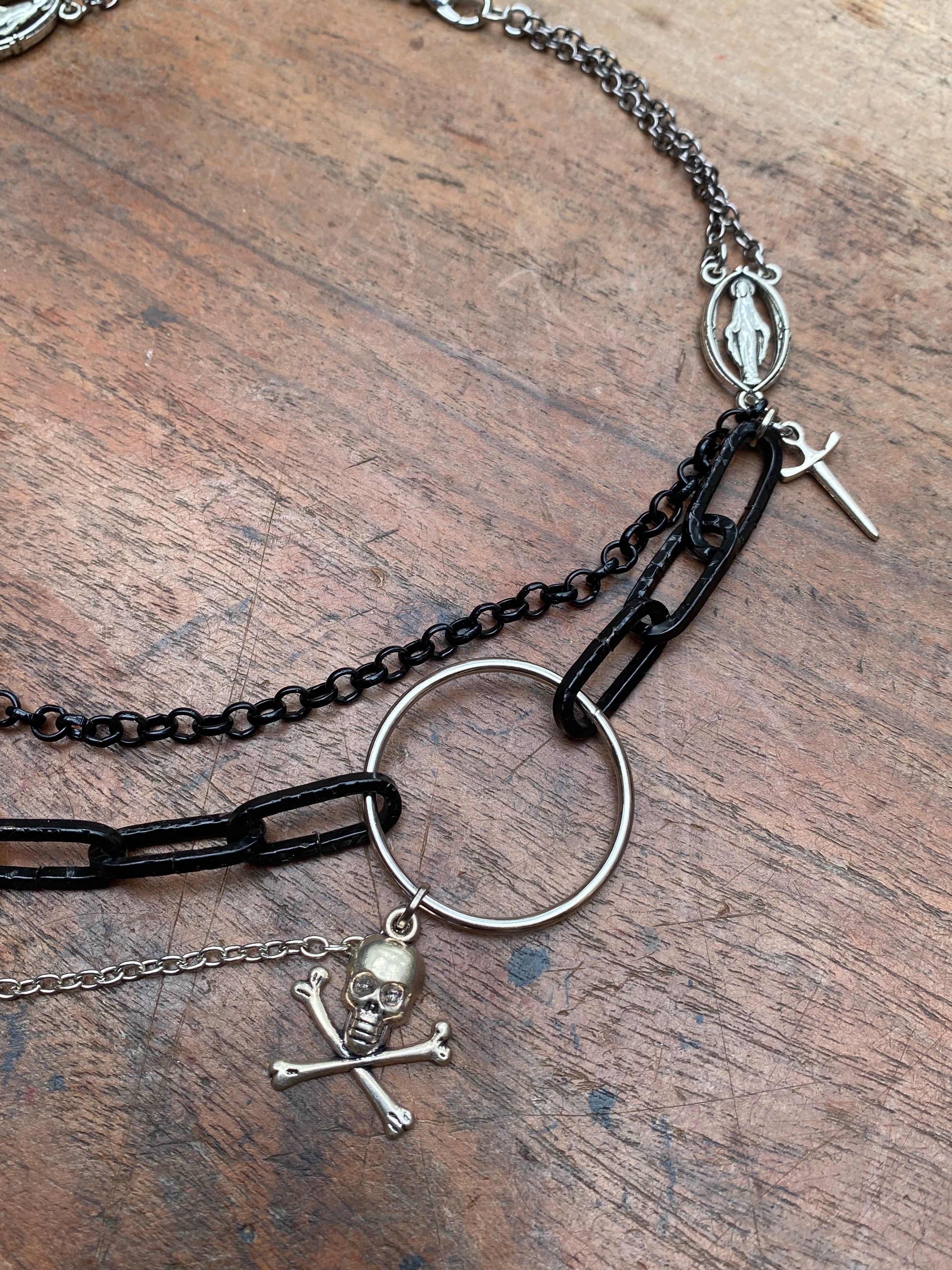 Large Bird Skull Black and Silver Chain Necklace