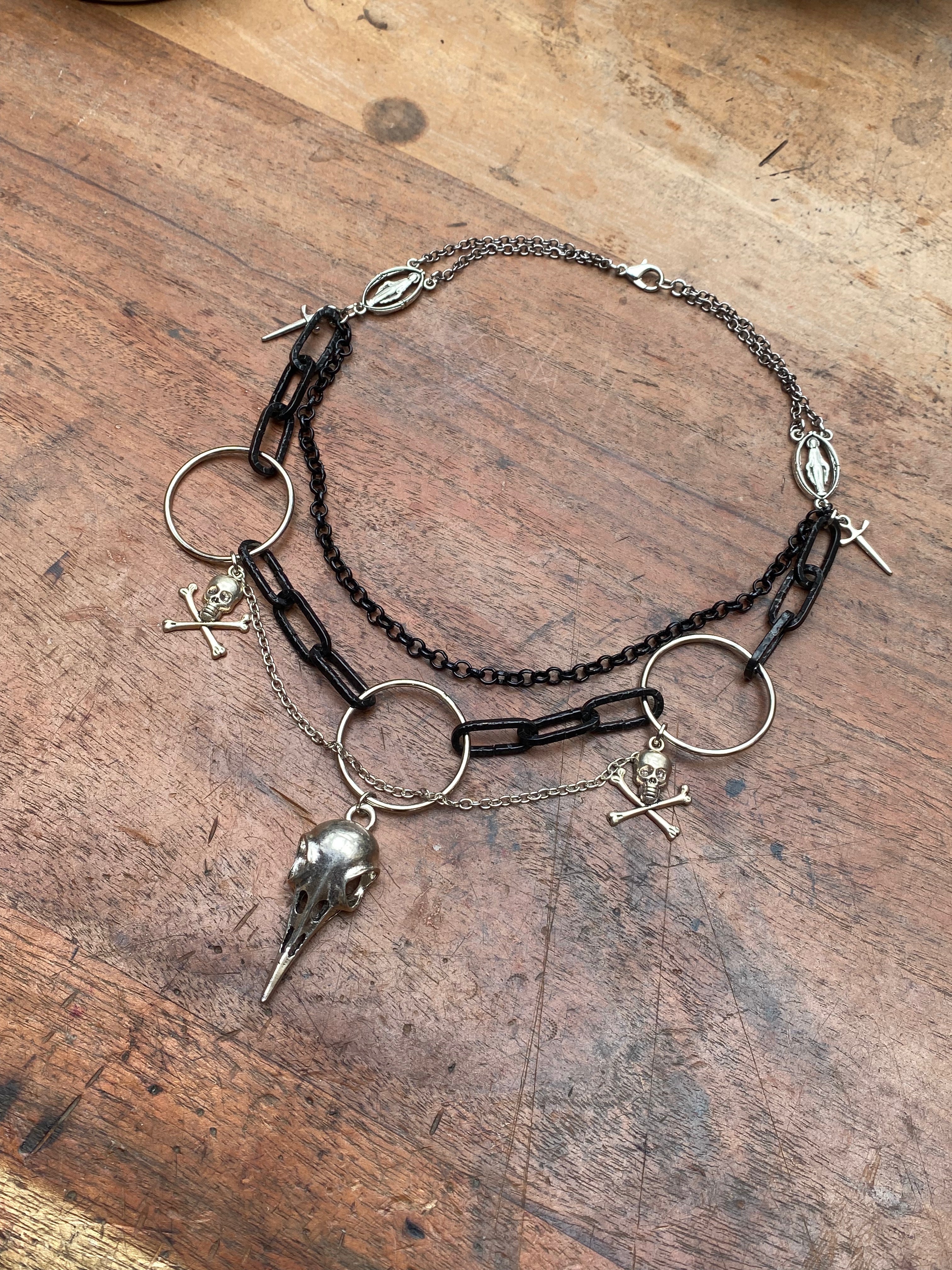 Large Bird Skull Black and Silver Chain Necklace