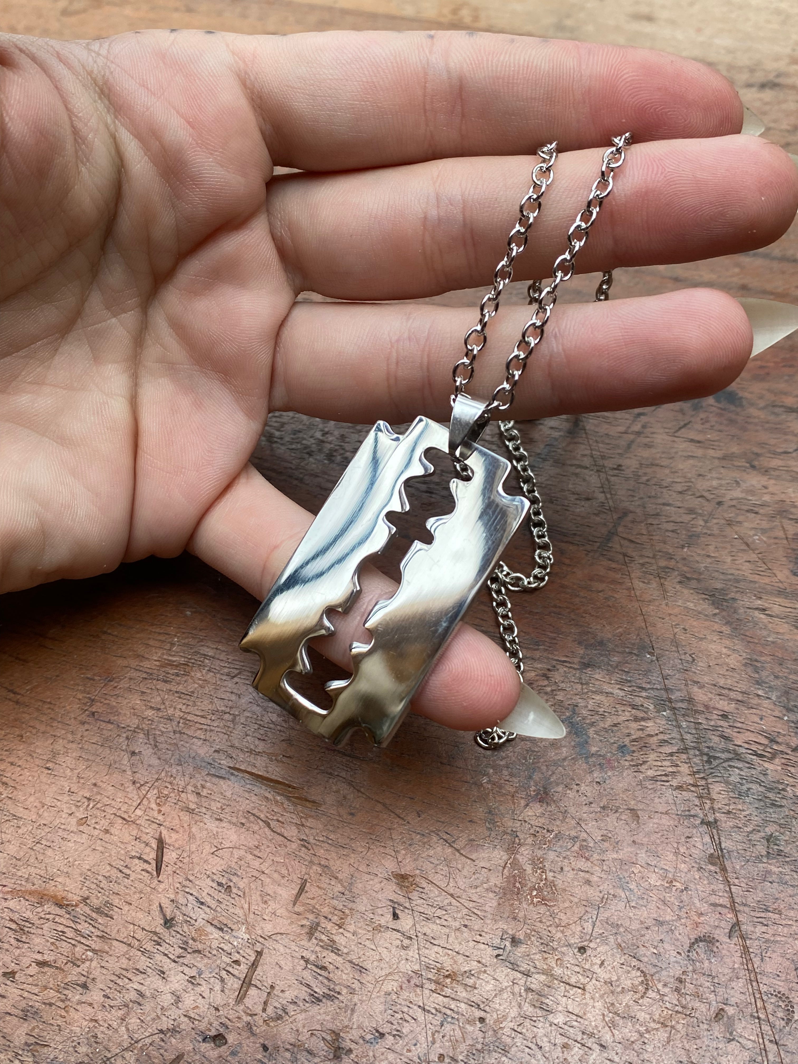 Steel Razor Blade Pendant Necklace