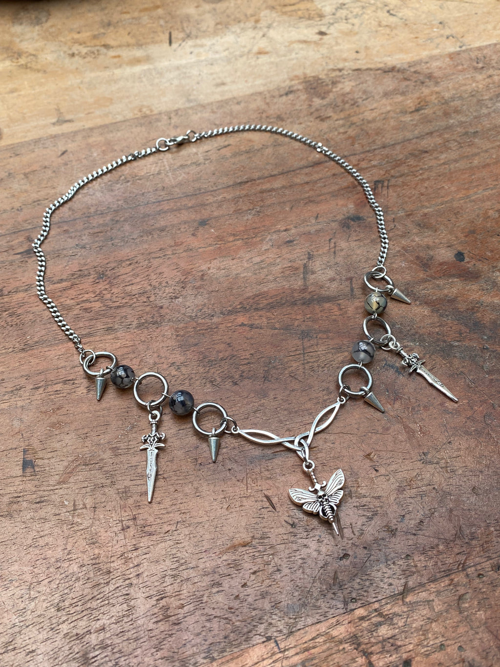 Deathhawk Moth, Daggers and Dragon Vein Agate Necklace