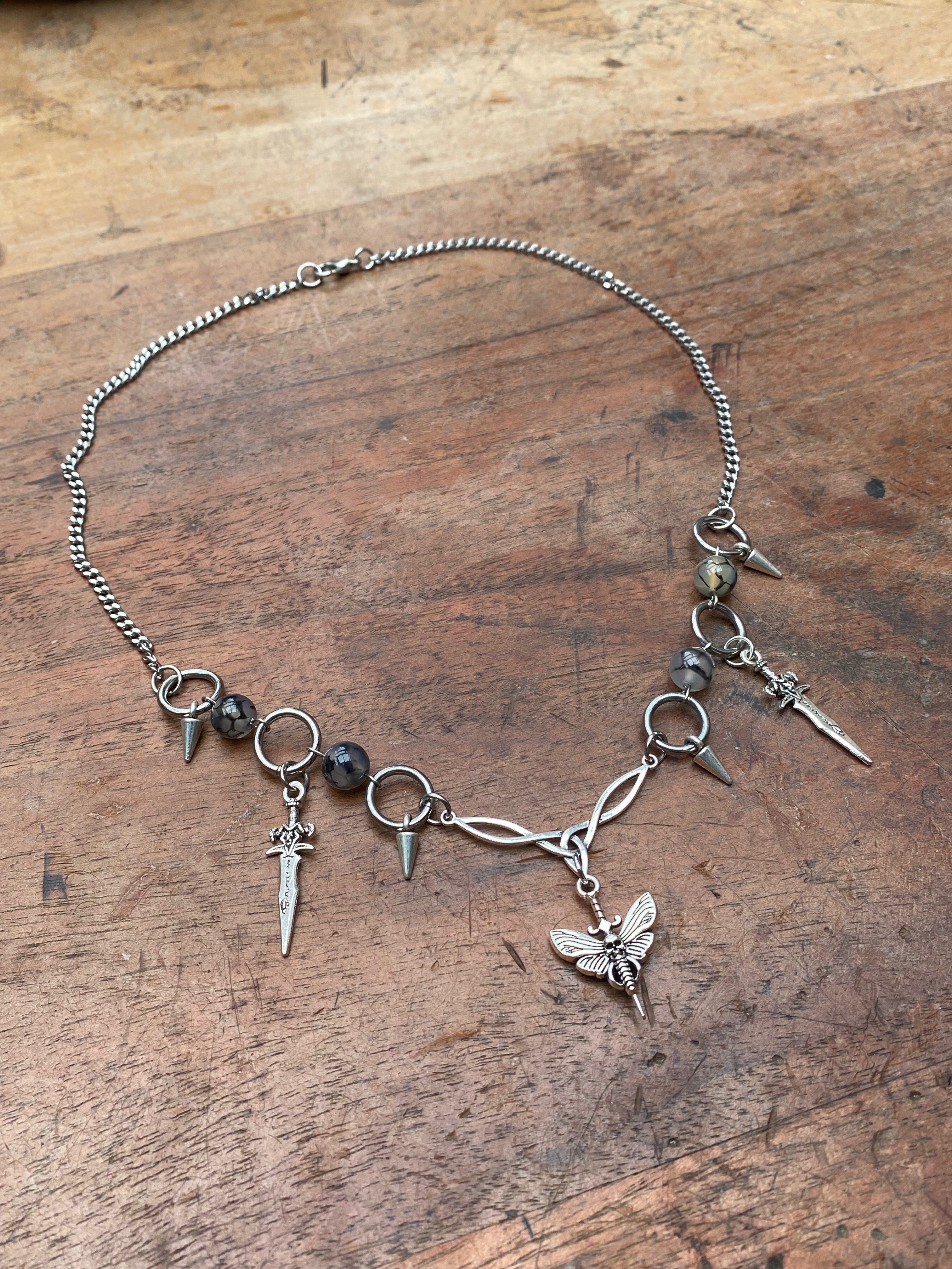 Deathhawk Moth, Daggers and Dragon Vein Agate Necklace