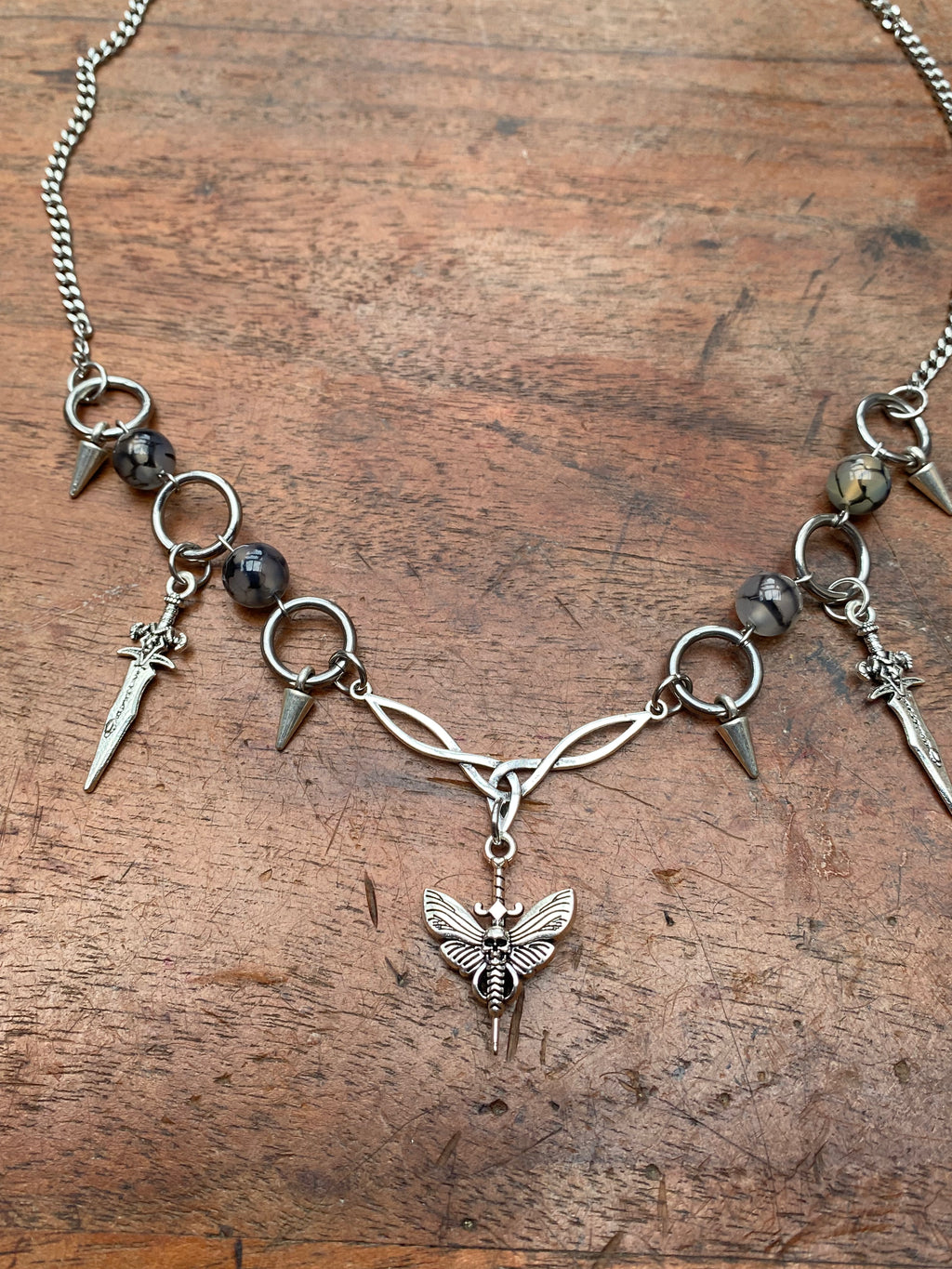 Deathhawk Moth, Daggers and Dragon Vein Agate Necklace