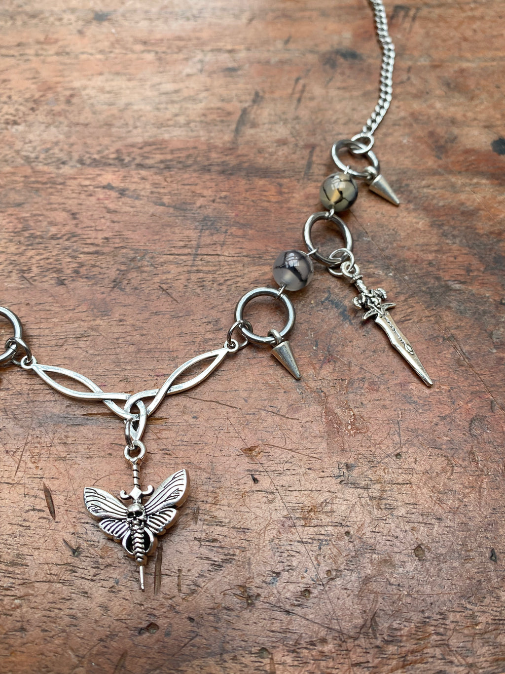 Deathhawk Moth, Daggers and Dragon Vein Agate Necklace