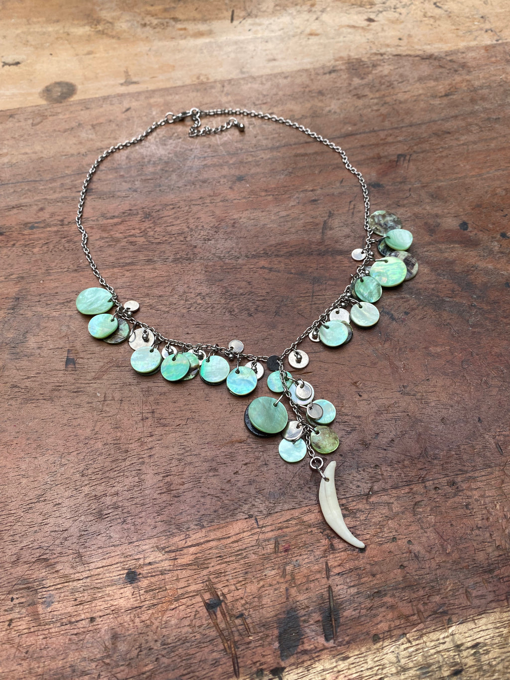 Fox Tooth and Green Mother of Pearl Necklace