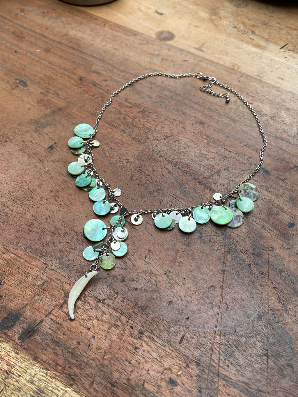 Fox Tooth and Green Mother of Pearl Necklace