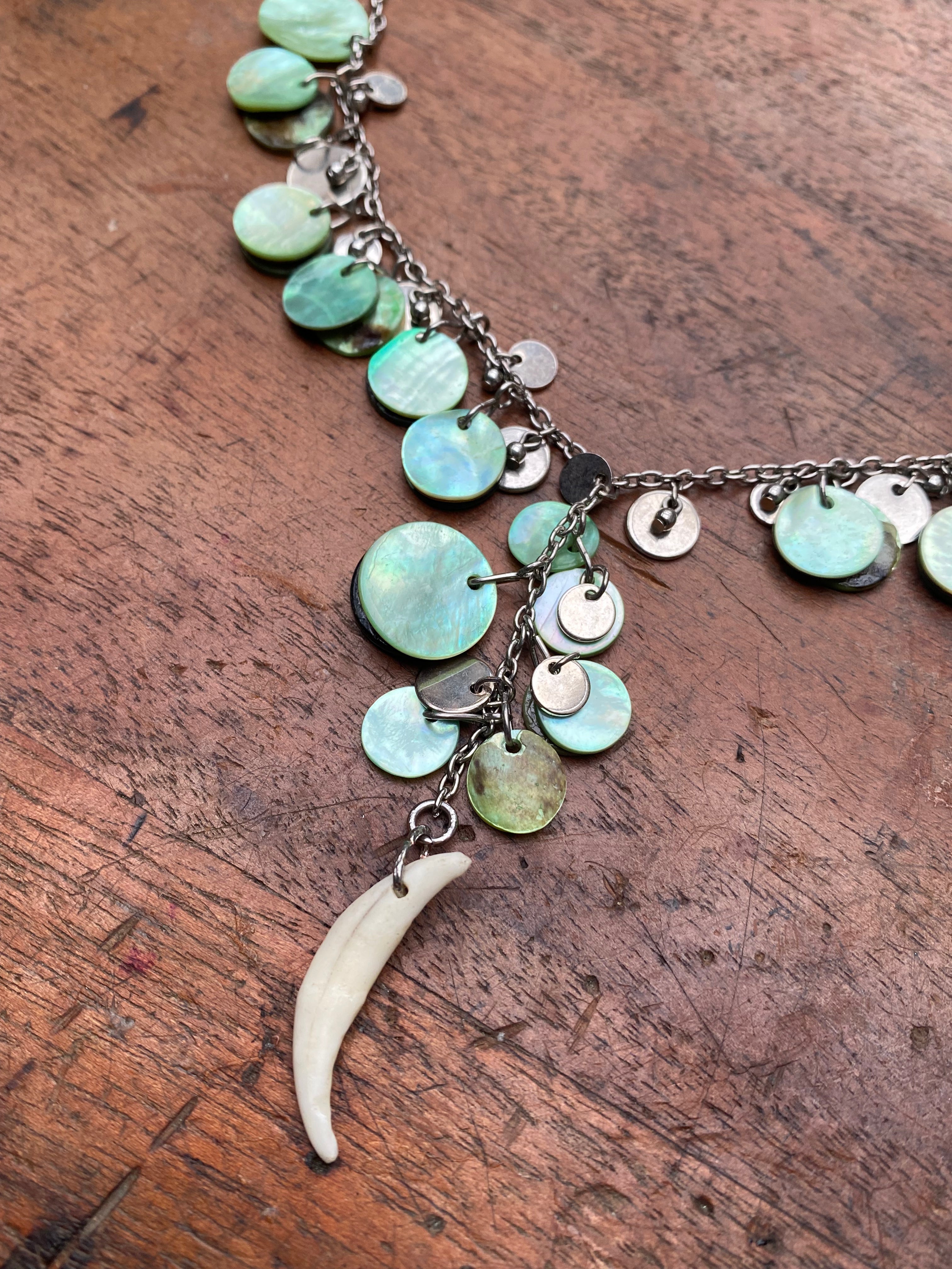 Fox Tooth and Green Mother of Pearl Necklace