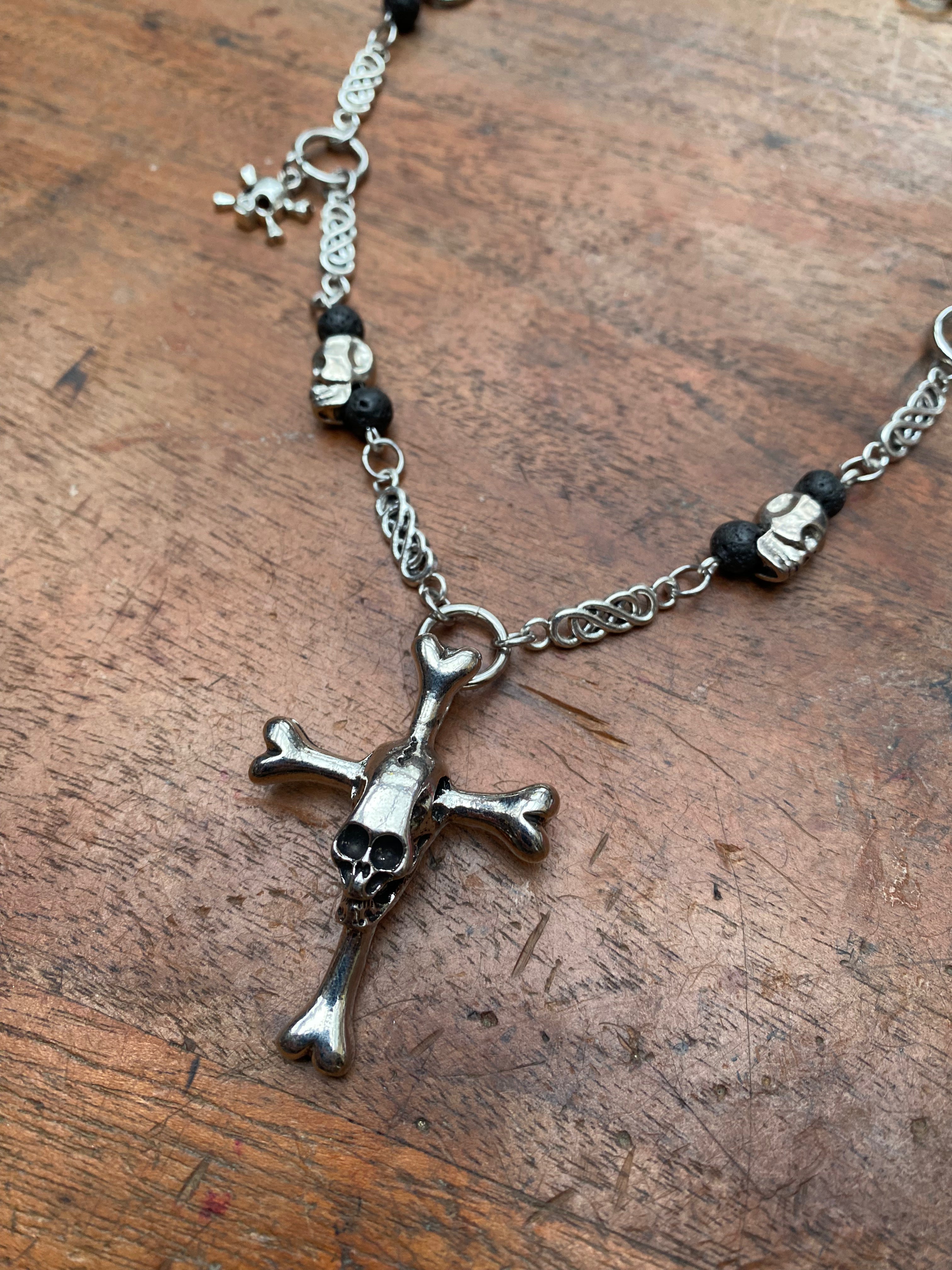 Skull and Bones Crucifix with Volcanic Rock Necklace