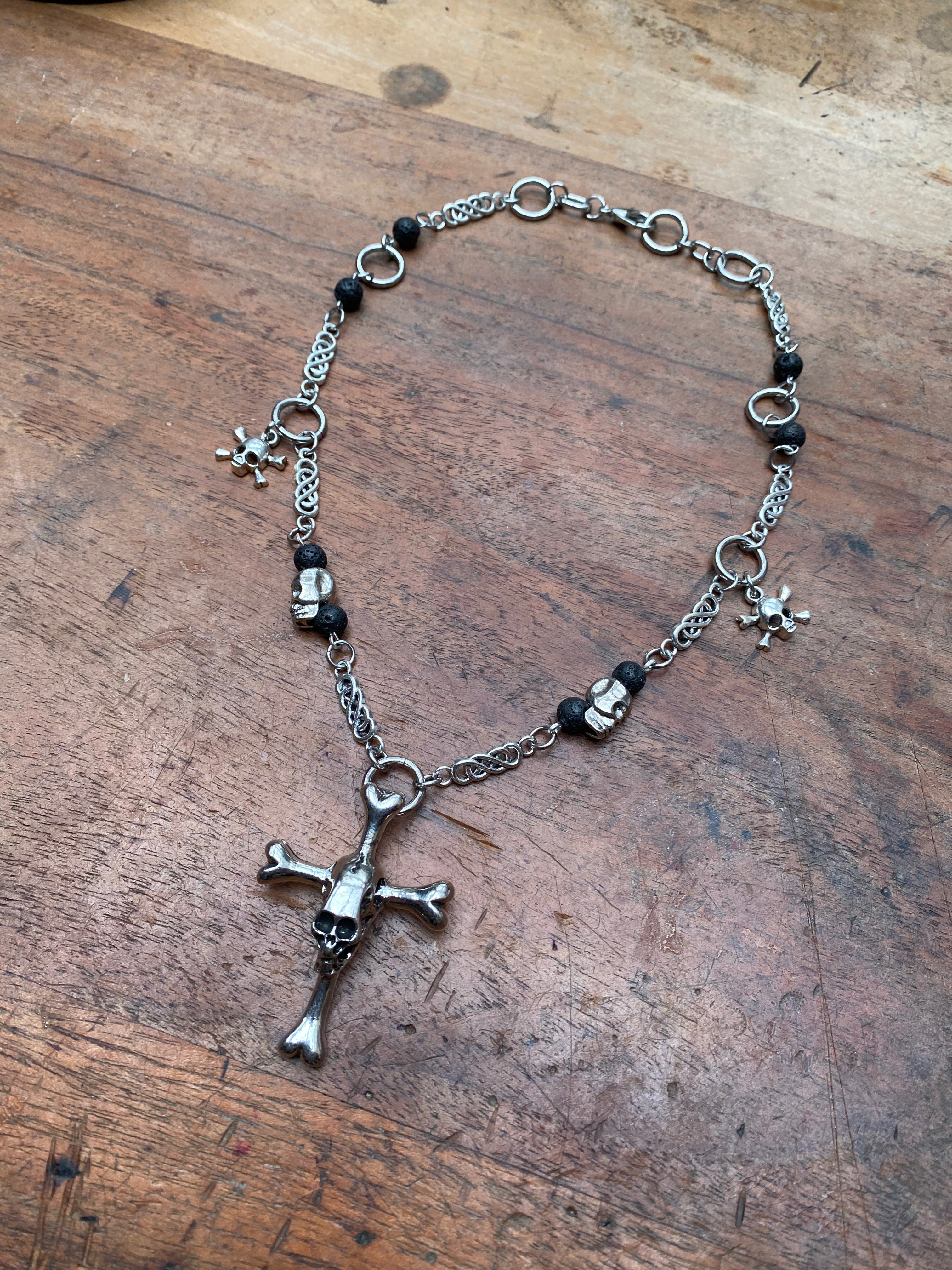 Skull and Bones Crucifix with Volcanic Rock Necklace