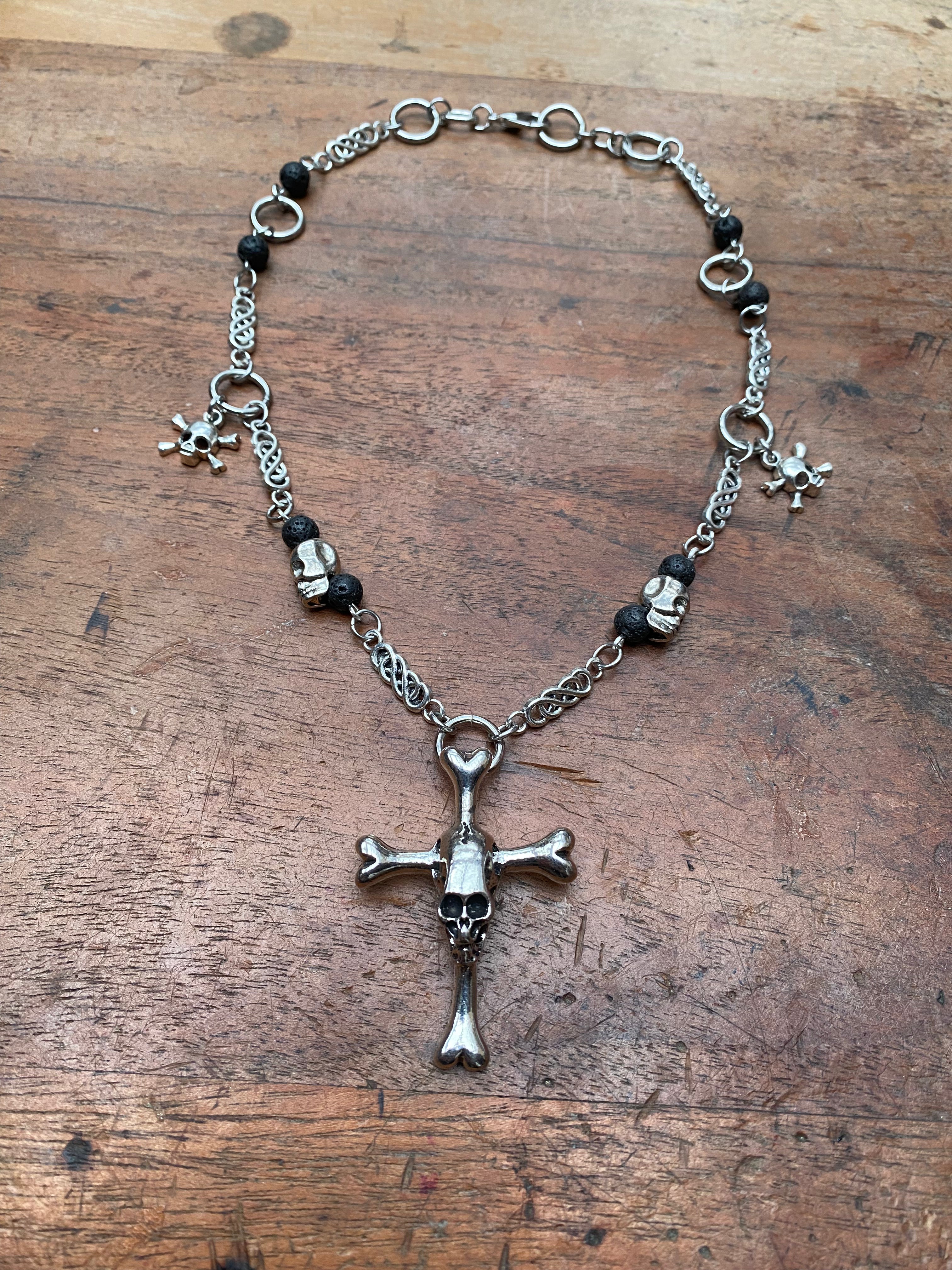 Skull and Bones Crucifix with Volcanic Rock Necklace