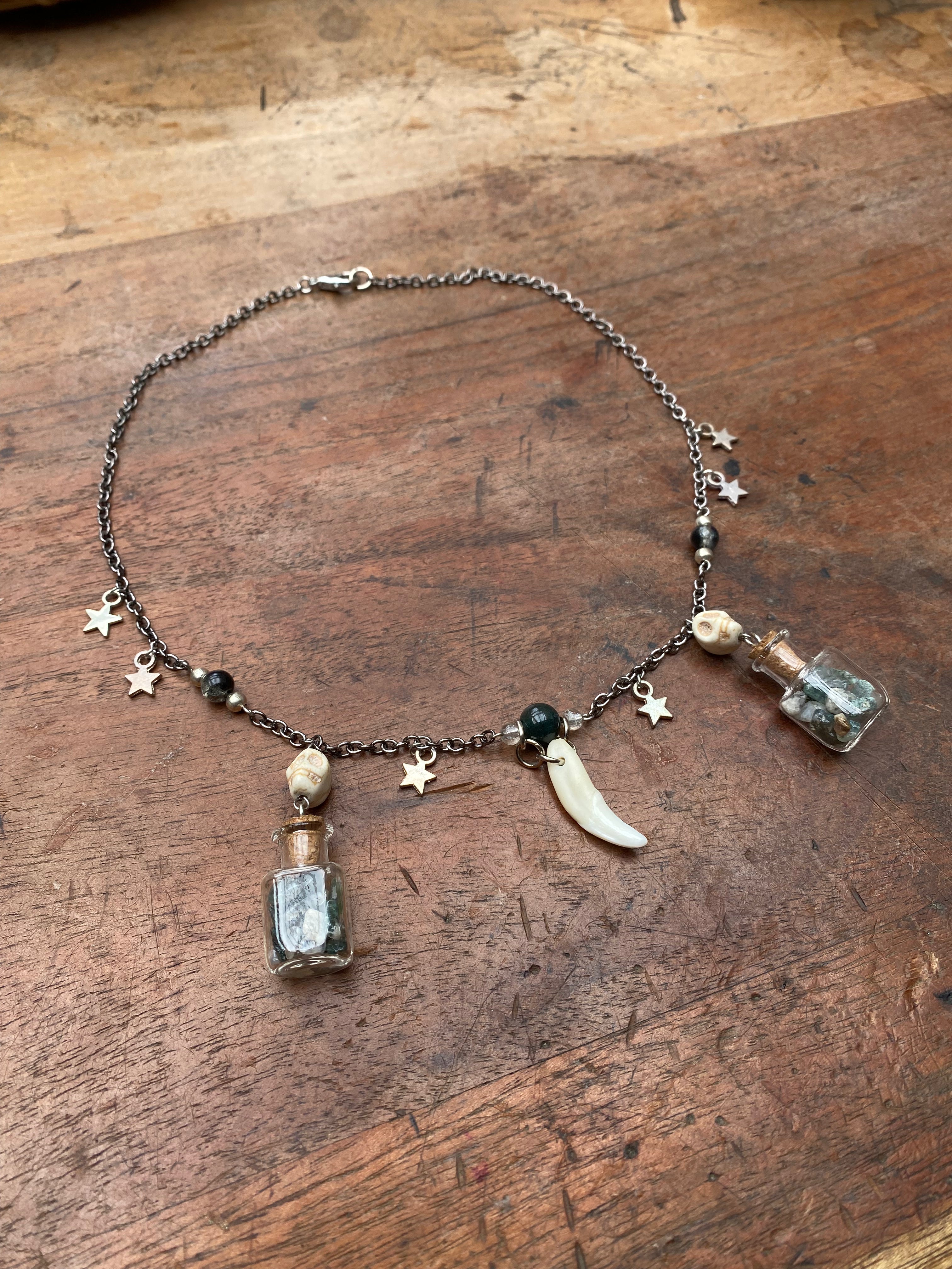 Fox Tooth and Moss Agate in Glass Vials Necklace