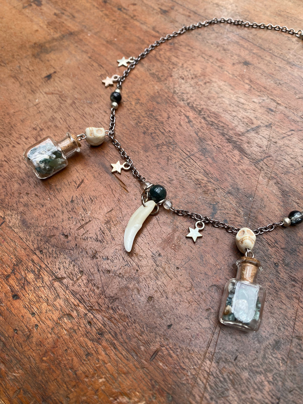 Fox Tooth and Moss Agate in Glass Vials Necklace