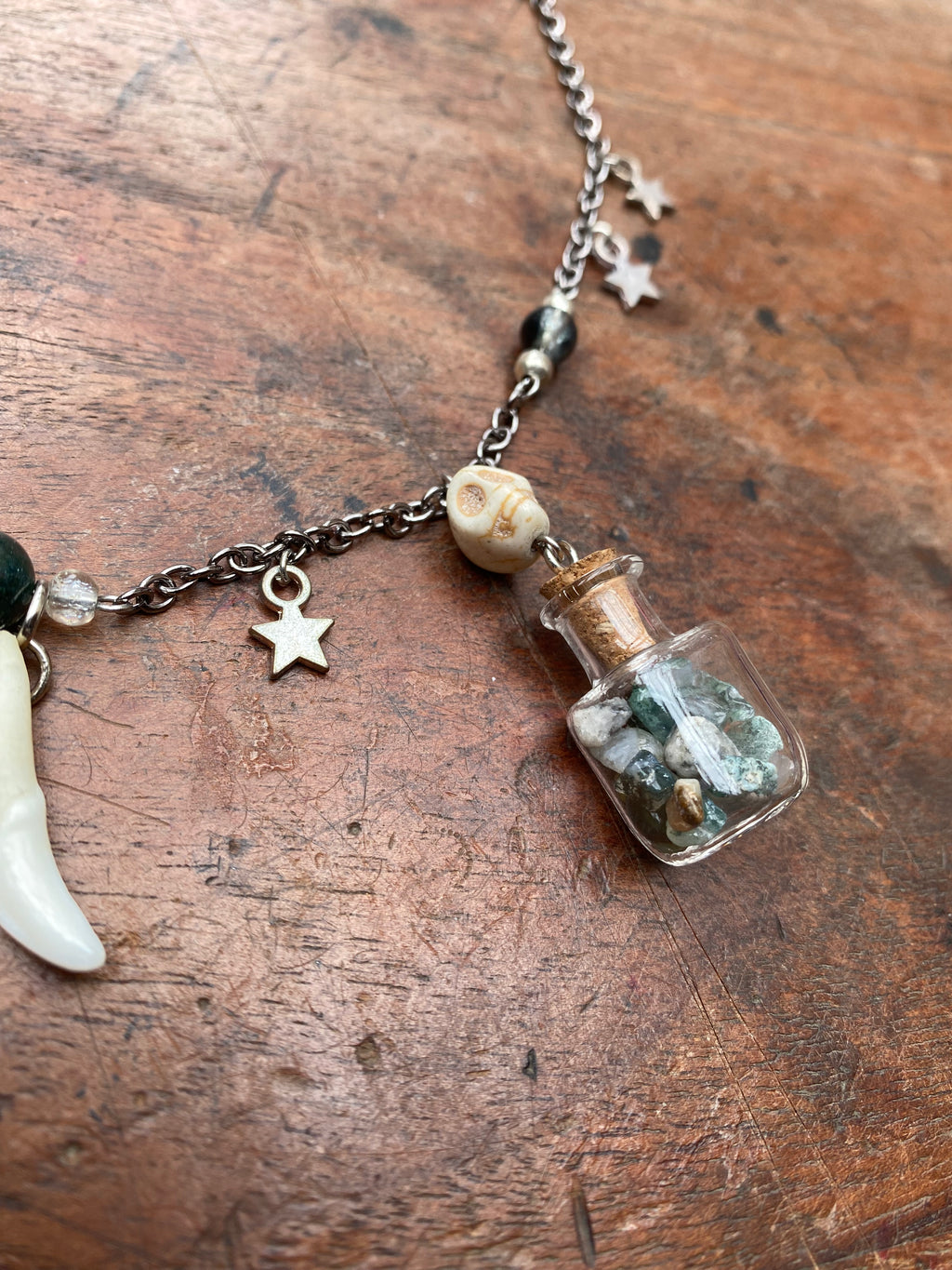 Fox Tooth and Moss Agate in Glass Vials Necklace